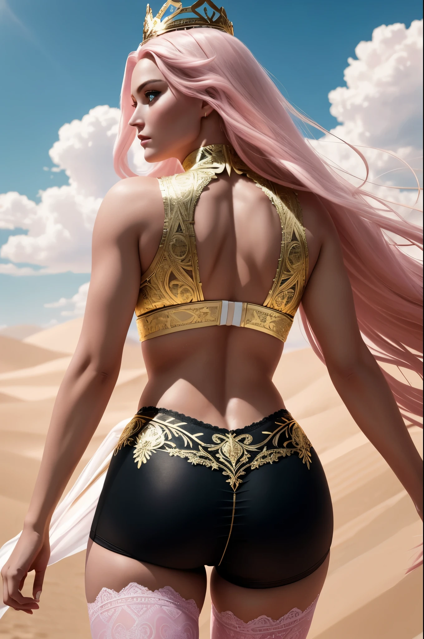 (Best Quality, 8K, Masterpiece, Ultra HD: 1.3, Ultra quality cinematic lighting, Huge detail, Well lit, 35mm, sharp, hyper realistic, epic scale, insane level of details, beautiful detailed girl, very detailed eyes and face, beautiful detailed eyes, ultra detailed skin, realistic skin), ({desert dunes|clouds}), Lindsey Vonn as a MYTHOLOGICAL DIVA in a golden crown, hair floating into the sky, stands with his back, camera films from behind, athletic, smoothly defined musculature, full body perspective, (pink matte bra and pink matte high waisted panties with gold complex intricate pattern), (white matte detailed tights with complex intricate pattern and lace)
