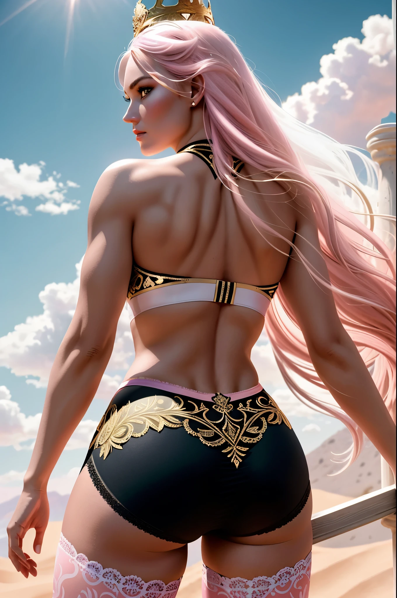 (Best Quality, 8K, Masterpiece, Ultra HD: 1.3, Ultra quality cinematic lighting, Huge detail, Well lit, 35mm, sharp, hyper realistic, epic scale, insane level of details, beautiful detailed girl, very detailed eyes and face, beautiful detailed eyes, ultra detailed skin, realistic skin), ({desert dunes|clouds}), Lindsey Vonn as a MYTHOLOGICAL DIVA in a golden crown, hair floating into the sky, stands with his back, camera films from behind, athletic, smoothly defined musculature, full body perspective, (pink matte bra and pink matte high waisted panties with gold complex intricate pattern), (white matte detailed tights with complex intricate pattern and lace)