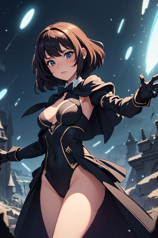 (masterpiece), best quality, highly detailed, detailed background, cinematic lighting, outdoor, 1girl, medium hair, , leotard,  legs, gloves, light particles. glow, magician, tuxedo, sparkling