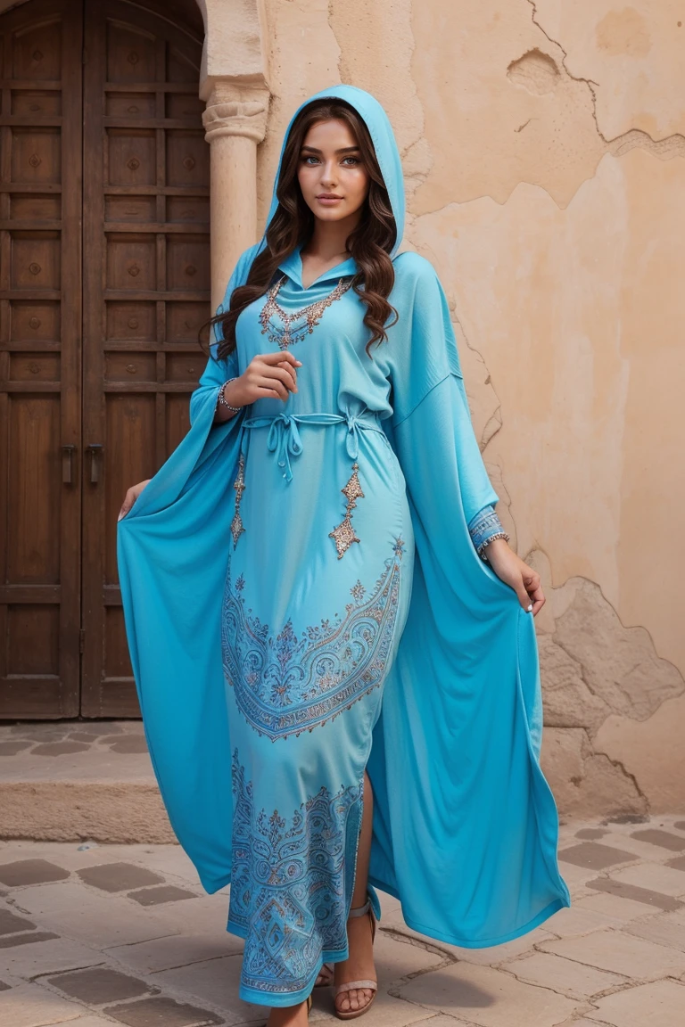 Instagram-Models posieren in Fes, in kaftan hoodie, full entire body, beautiful detailed eyes, beautifully detailed lips, extremely detailed eyes and face, kurzes, welliges rosa Haar ((best qulaity)), ((Meisterwerk)), (detailliert), perfektes Gesicht, full entire body