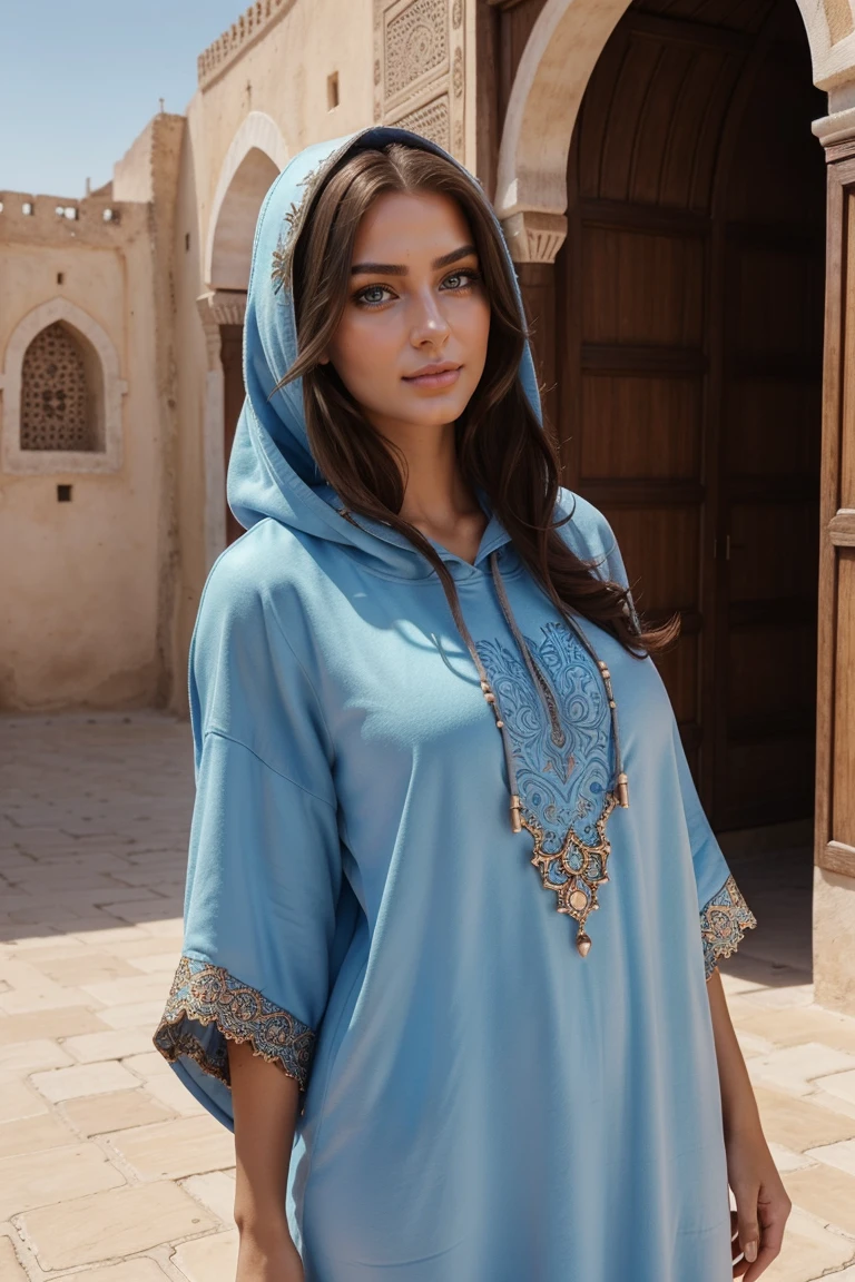 Instagram-Models posieren in Fes, in kaftan hoodie, full entire body, beautiful detailed eyes, beautifully detailed lips, extremely detailed eyes and face, kurzes, welliges rosa Haar ((best qulaity)), ((Meisterwerk)), (detailliert), perfektes Gesicht, full entire body