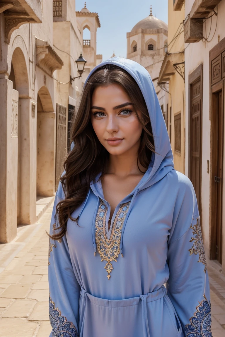 Instagram-Models posieren in Fes, in kaftan hoodie, full entire body, beautiful detailed eyes, beautifully detailed lips, extremely detailed eyes and face, kurzes, welliges rosa Haar ((best qulaity)), ((Meisterwerk)), (detailliert), perfektes Gesicht, full entire body