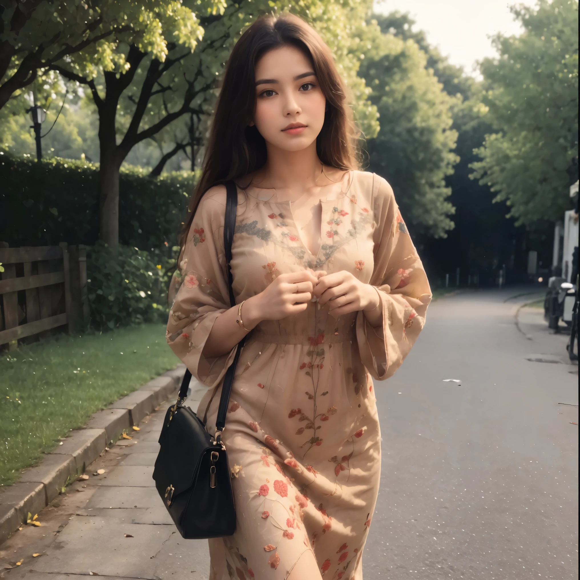 Indian model, walking on the way to home night view,light orange embroidery design dress, leather brown bag in hand ,highly detailed,HDR 8k, natural colours gathering