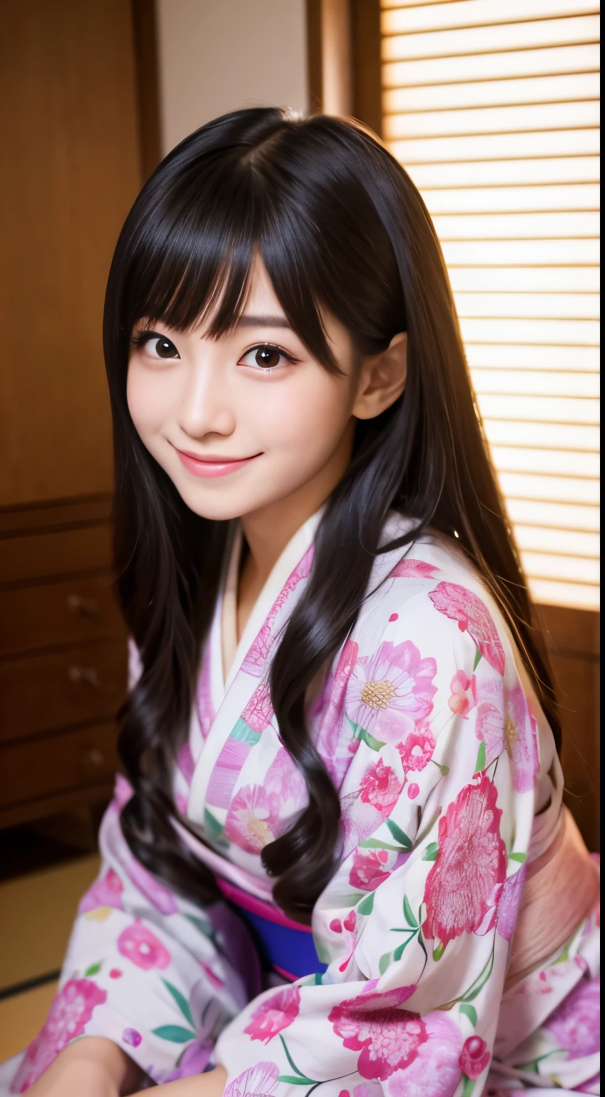 Best-quality, Masterpiece, Ultra-High-Resolution, (Photorealistic:1.4), Raw-Photo, Extremely-Detaied, Perfect-Anatomy, front view, 1girl, 18-years-old, the most popular Japanese idol, wearing only Japanese-KIMONO with cute-pattern, sit in SEIZA-position and bowing down in Japanese-style room, looking at viewer, innocent smile, extremely cute face like a most famous Japanese idol, extremely beautiful big black solid circle eyes, extremely beautiful hair, extremely beautiful lips, extremely beautiful long-eyelashes,detailed Japanese-KIMONO-with-cute-pattern, detailed SEIZA-position, detailed Japanese-style-room