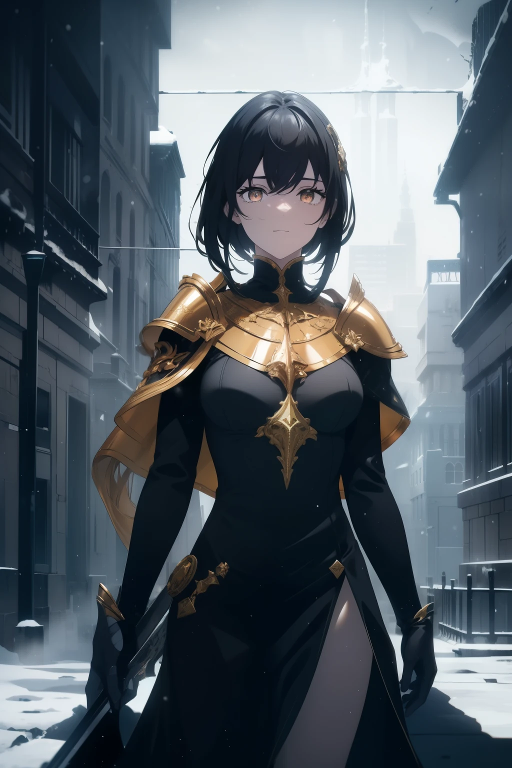 ((Obra maestra, La mejor calidad, ultrahigh resolution)), (((a girl in a suit of golden armor, standing confidently, sheathed sword on hip))), ((((soldier, clad in golden steel armor, golden plate armor)))), (((wearing golden roman helmet, closed golden roman helmet))), (((fierce))), (((black hair, dark black hair))), long hair cut, pale skin, ((brown eyes)), glowing_eyes, neon eyes, (ultra detailed eyes:0.7, beautiful and detailed face, detailed eyes:0.9), ((centered)), smile, ((wide shot)), facing viewer, eye level, ((vibrant background, snowy landscape, cityscape, snowing, snow)), flat chested, looking at viewer, ((half closed eyes)), ((perfect hands)), ((hands behind back)), empty eyes, beautiful lighting, outside, outdoors, background, defined subject, 25 years old,