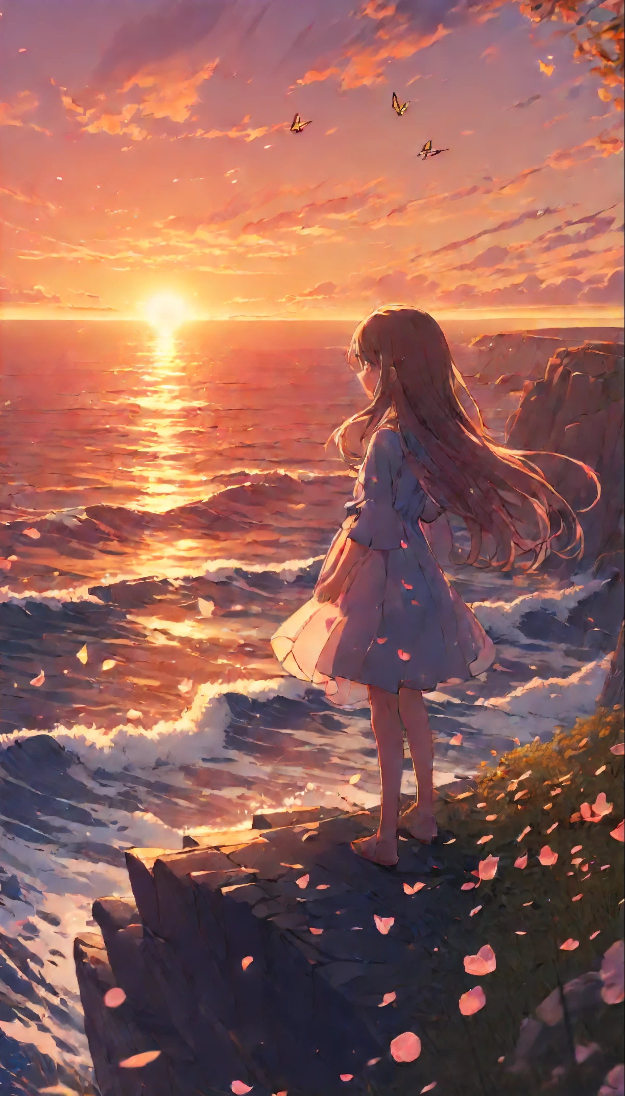 1 girl, , very  anime, (masterpiece1.2) highres, sharp, very child, 8k, bestity, high quality, super res, standing on a cliff, from behind, long hair, beautiful hair, butterflies, sunshine, birds, (falling flowerpetals from the sky1.4) (((close-up))) pov, sunset, beautiful sunset, dress, sleeves, high sea waves,