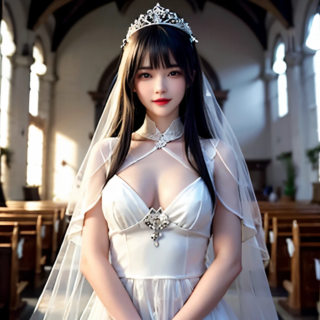 Best Quality, realistik, best qualtiy, Photorealsitic, ultra-detailliert,dynamic light and shadow,hight resolution,Skysky、 1 female, Smiling、Black hair, 、Veil on the head、Shoulders are protruding、luxurious wedding dress、white prom dresses、A slender、 slender、Stand in Church、 Holding the bouquet with both handlur the background。big boobs,mini dress