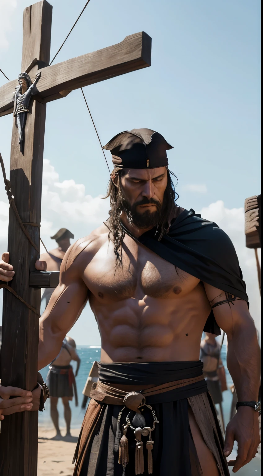 piratas no mar chuvoso e agitado, homem com rosto de pato e corpo de pirata bombado, reflexos de lente, eixos leves, detalhes intrincados, altamente detalhado, volumetric lighting, 4K rendering, foto, Hiper-realista, texturas realistas, dramatic lighting, motor irreal