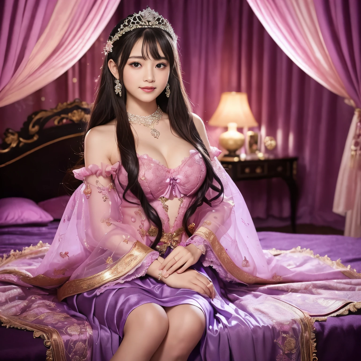 (top-quality、masutepiece、8K、Top image quality、Highly complex and detailed depictions)、one  goddess、(Very young 12 year ol.3)、Ultimate luxury with everything you can imagine、most gorgeous goddess costume、(Surrounded by pink and purple curtains:1.3)、Sitting on a big bBackground completely surrounded by curtains:1.3)、(blurry backround:1.5)、(Very romantic atmosphere:1.3)、The background is pink and purple and very gorgeous..、A smile staring at me、Upper body photo、Sit on the most gorgeous bed、Lots of pink and purple decorations、artistic décor、(warm mood lighting:1.5)、spectacular movie ligh、Large amount of jewelry decoration、The most luxurious and huge tiara、giant pink and purple costume、pink and purple big sleeves、Very complex decoration、royal、(Frontal close-up:1.2)、Front composition、(accurate anatomy:1.5)、(Sit facing the front:1.3)etrical composition、big nicd、(Moody dark room:1.3)