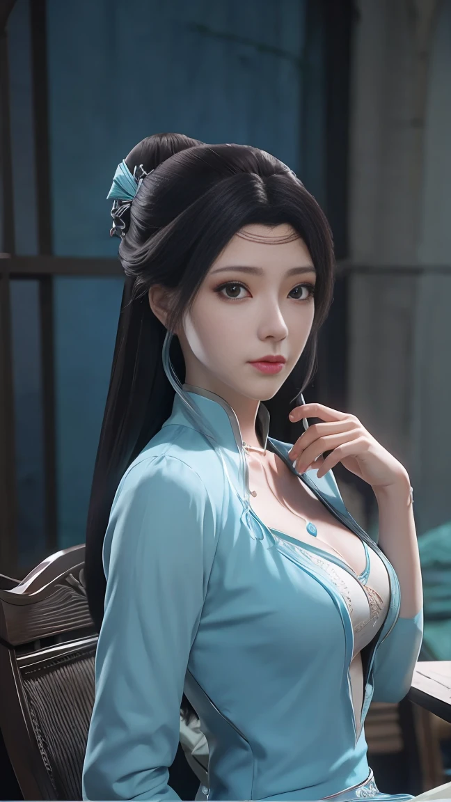 Arad woman in blue dress sits at the table, closeup fantasy with water magic, 2. 5 d cgi anime fantasia arte, anime fantasy illustration, arte de anime digital detalhada, anime de fantasia bonito, arte cg anime suave, arte de fantasia de anime, 8k arte detalhada de alta qualidade, Estilo anime 3D realista, ultra detailed water, mulher anime bonita e sedutora