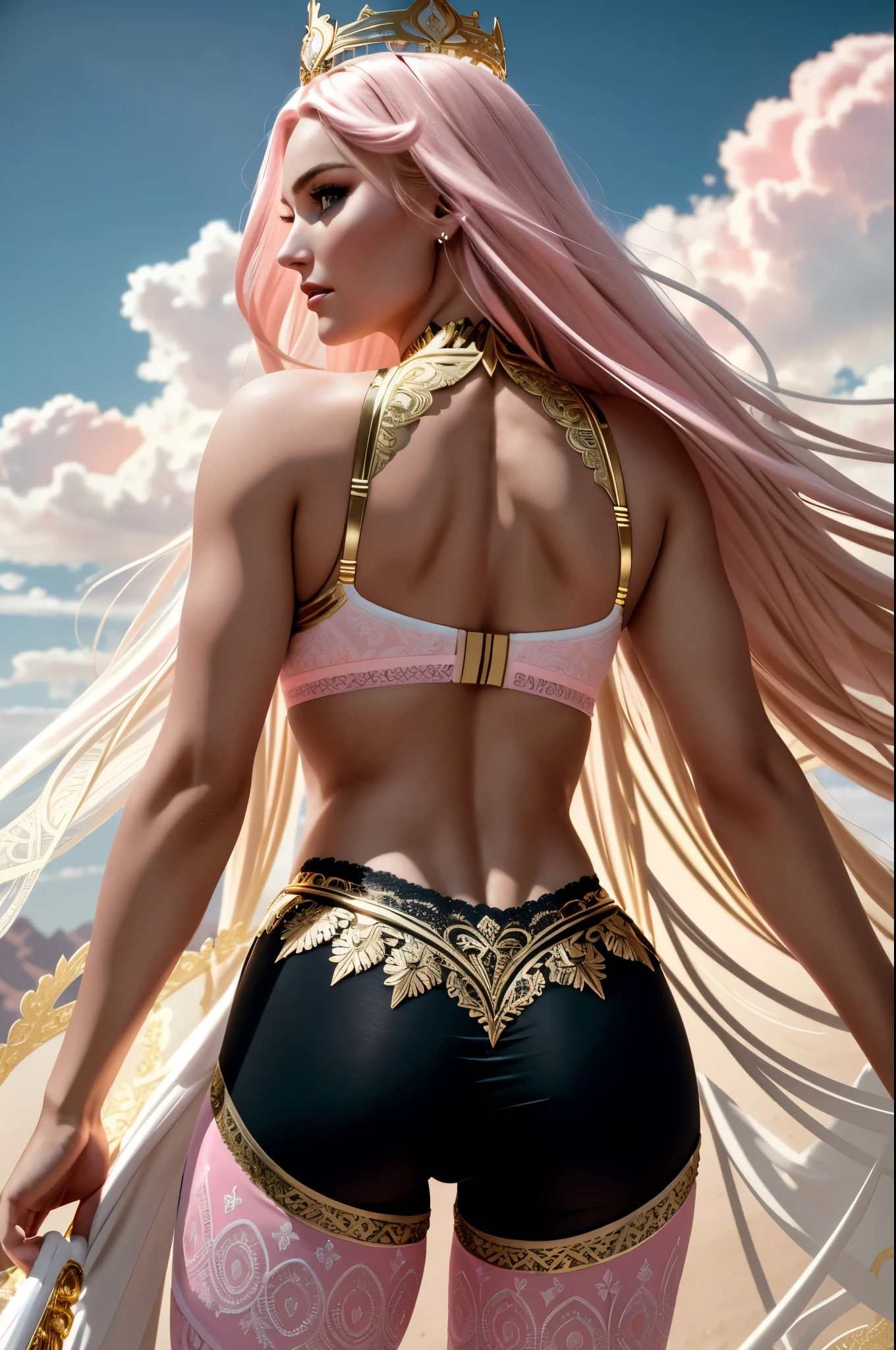 (Best Quality, 8K, Masterpiece, Ultra HD: 1.3, Ultra quality cinematic lighting, Huge detail, Well lit, 35mm, sharp, hyper realistic, epic scale, insane level of details, beautiful detailed girl, very detailed eyes and face, beautiful detailed eyes, ultra detailed skin, realistic skin), ({desert dunes|clouds}), Lindsey Vonn as a MYTHOLOGICAL DIVA in a golden crown, hair floating into the sky, stands with his back, camera films from behind, athletic, smoothly defined musculature, full body perspective, (pink matte bra and pink matte high waisted panties with gold complex intricate pattern), (white matte detailed tights with complex intricate pattern and lace)