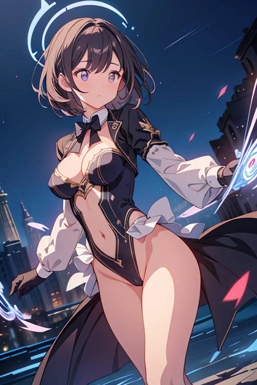 (masterpiece), best quality, highly detailed, detailed background, cinematic lighting, outdoor, 1girl, medium hair, medium breasts, leotard, bare legs, gloves, light particles. glow, magician, tuxedo, sparkling