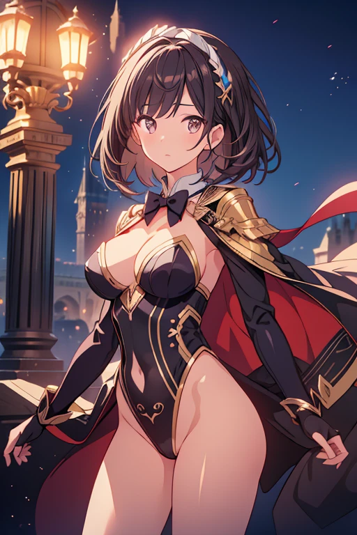 (masterpiece), best quality, highly detailed, detailed background, cinematic lighting, outdoor, 1girl, medium hair, medium breasts, leotard, bare legs, gloves, light particles. glow, magician, tuxedo, sparkling