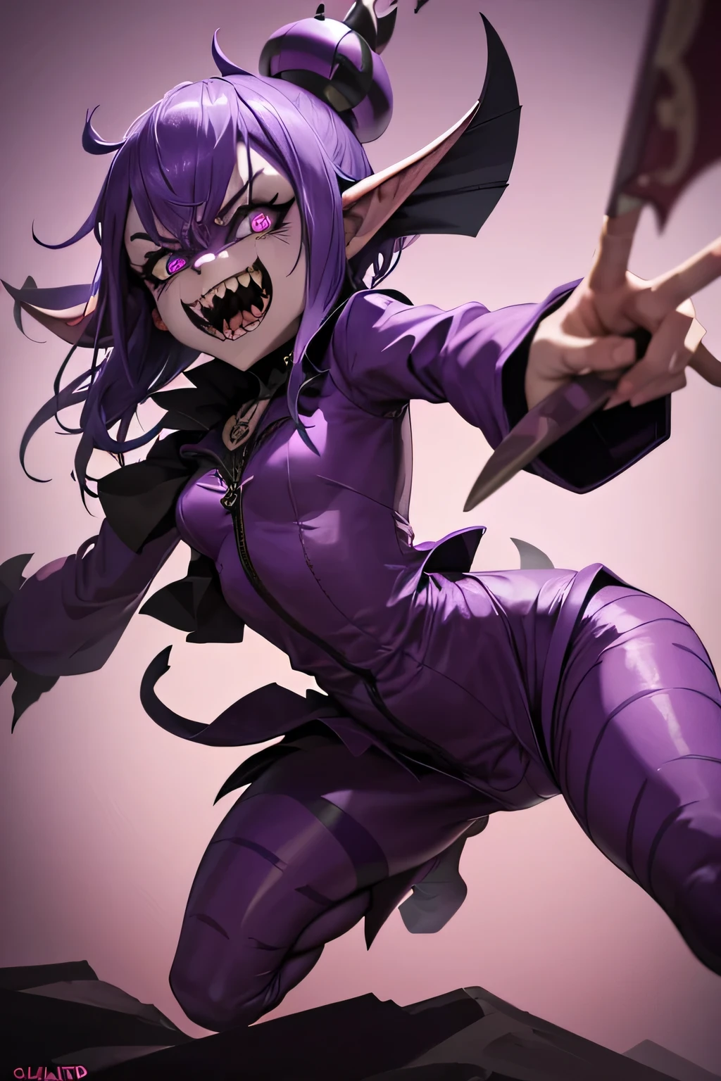 4k, girl, (Sly smile), (biting lip), mouth open, drooling, Purple hair, twin tails, glowing purple eyes, slender frame, demon, furry tail, (exposed rib cage), fluffy digitigrade legs, ((protruding hip bones)), detailed fur, hooded stealth body suit, bladed gauntlet, crouching