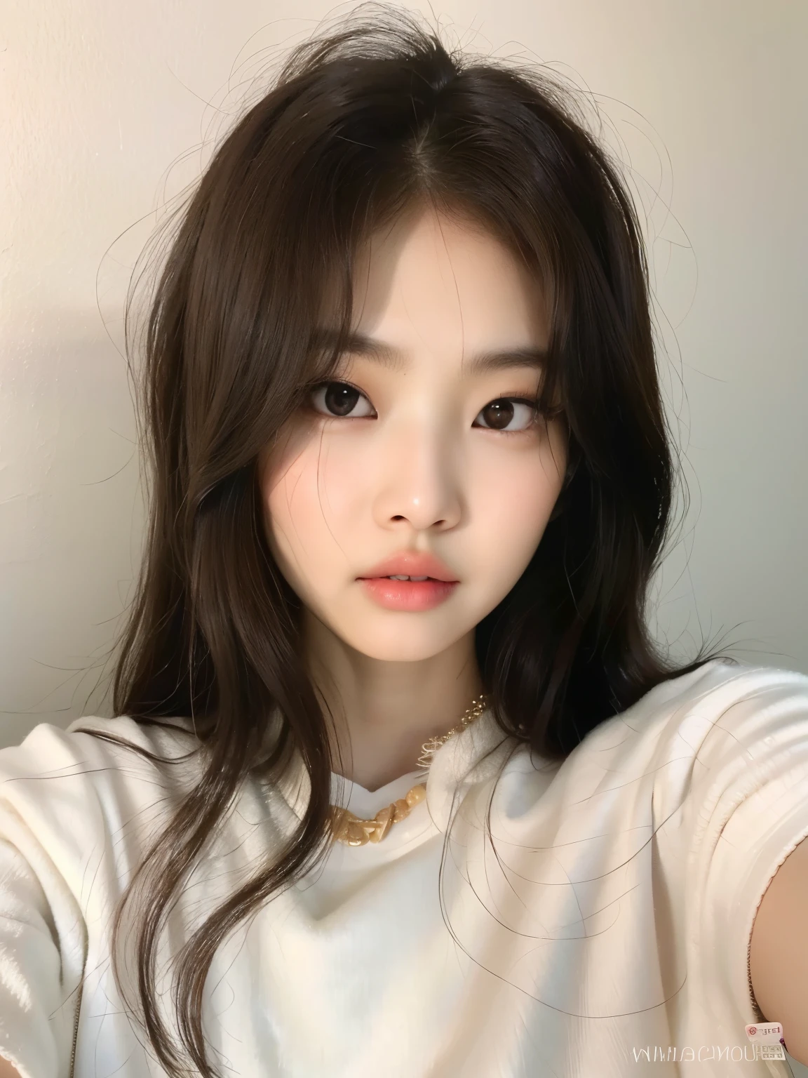 um close up de uma mulher com cabelos longos e uma camisa branca, Jennie Blackpink, com rosto redondo, Jinyoung Canela, Ulzzang, korean face features, young adorable korean face, wan adorable korean face, Jaeyeon Nam, coreana, south east asian with round face, pale round face, belo rosto redondo, Heonhwa Choe, Mulher sul-coreana bonita