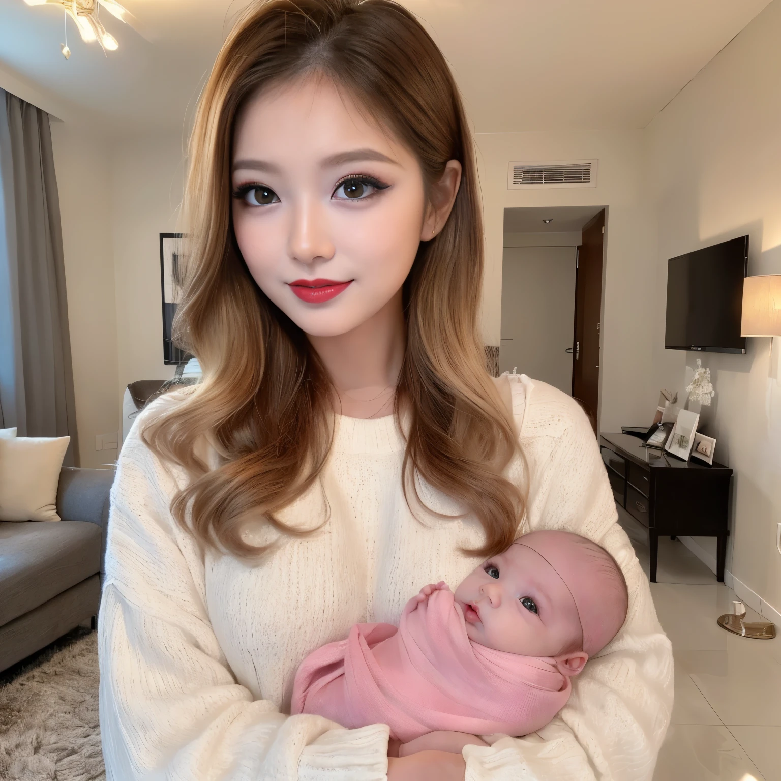 (top-quality、masutepiece、in 8K、Top image quality)、(1 beauty、Holding a baby)、(realistic and accurate baby:1.7)、(detailed and perfect baby:1.7)、(Very bright lighting:1.2)、the best smile when you look at me、Looking at the camera、take a photo of her upper body、Breasts are big、accurate anatomy、(Long Wave Hair、hyperdetailed face、long eyelashes、Perfect makeup、lipstick blonde beauty)、((The background is the living room of a luxury apartment..、Standing in the living room of a luxury apartment))