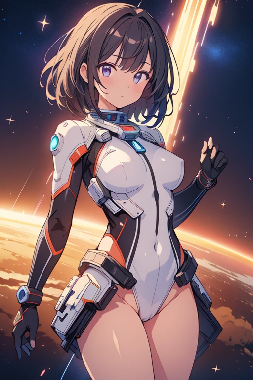 (masterpiece), best quality, highly detailed, detailed background, cinematic lighting, space, 1girl, medium hair, medium breasts, leotard, bare legs, gloves, light particles. glow, space suit, sparkling