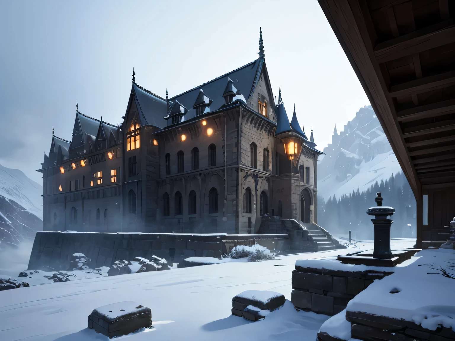 a huge stone palace at the foot of the mountain, Stone houses, ominous vibe, winter, snowstorm, mist, jour, view from bottom, There are no people, Fantasy
