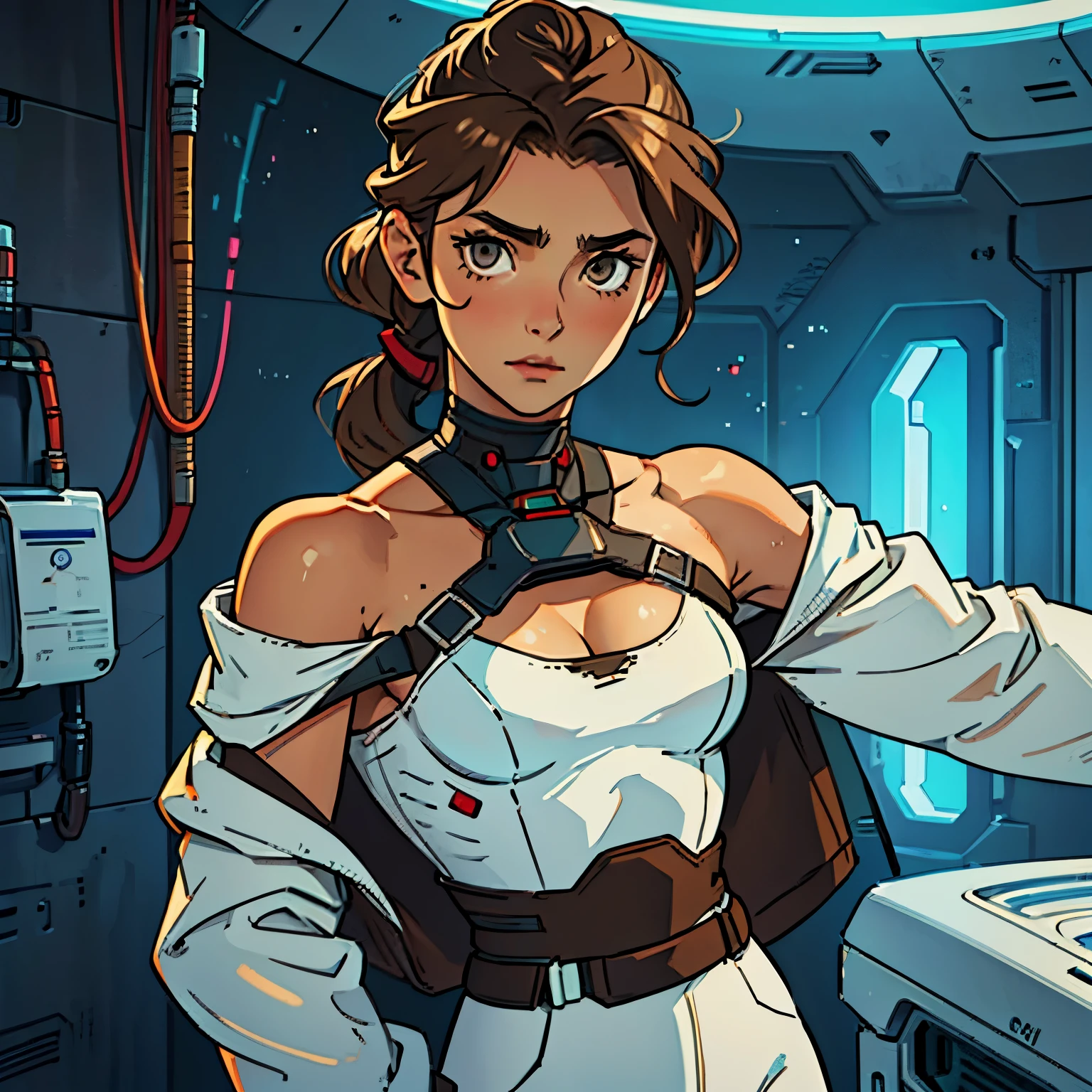 (Caucasian teenager), 18 years old, hazel eyes, (wavy brown hair), (hair tied back), medium hair, small breasts. She wears a white, off-the-shoulder sci-fi suit, bare shoulders, she wears cleavage, solo, (in futuristic room)