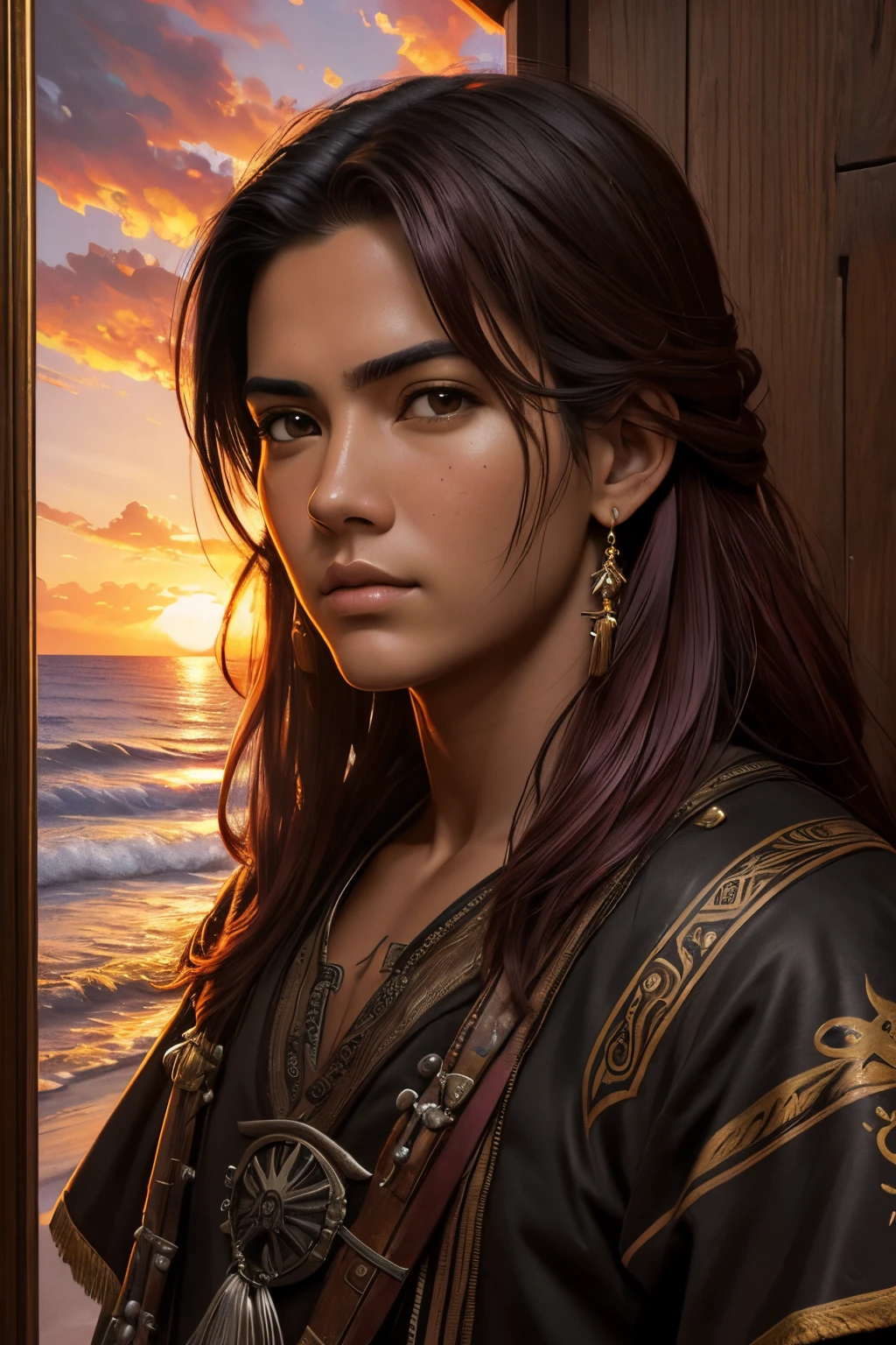 (Altas,fotorrealista),sunset lighting,traditional oil painting,pinceladas expressivas,detailed facial features,Cabo Fluindo,espadas duplas,postura confiante,sombras duras,Tema pirata,atmosfera aventureira