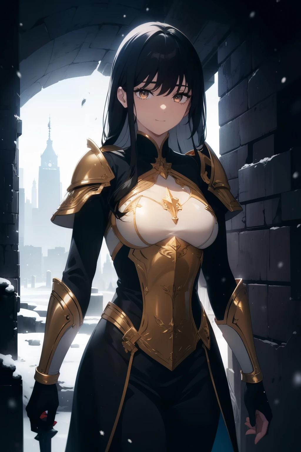 beautiful young female warrior fighter with cat ears on her head, com rosto bem detalhado e bonito, belos olhos, belos olhos, rosto lindo, beautiful young woman wearing long brown leggings with black details, sueter apertado branco, standing in a castle, usando bota preta, cabelo comprido com franja preto, ,orelhas de gato, belo sorriso, tomboy, um pouco musculosa,suter branco com cinta em volta, olhar serio,usando brazer apertado preto, com armadura nos ombros