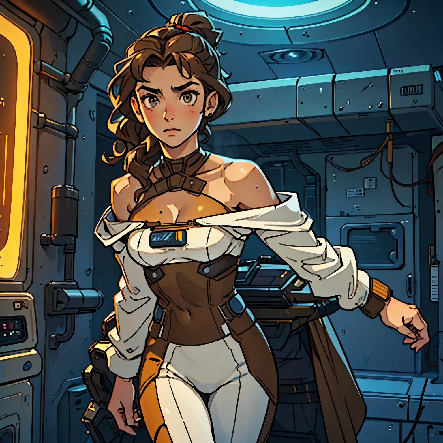 (Caucasian ager), 18 years old, hazel eyes, (wavy brown hair), (hair tied back), medium hair, small breasts. She wears a white, off-the-shoulder sci-fi suit, bare shoulders, she wears cleavage, solo, (in futuristic room)