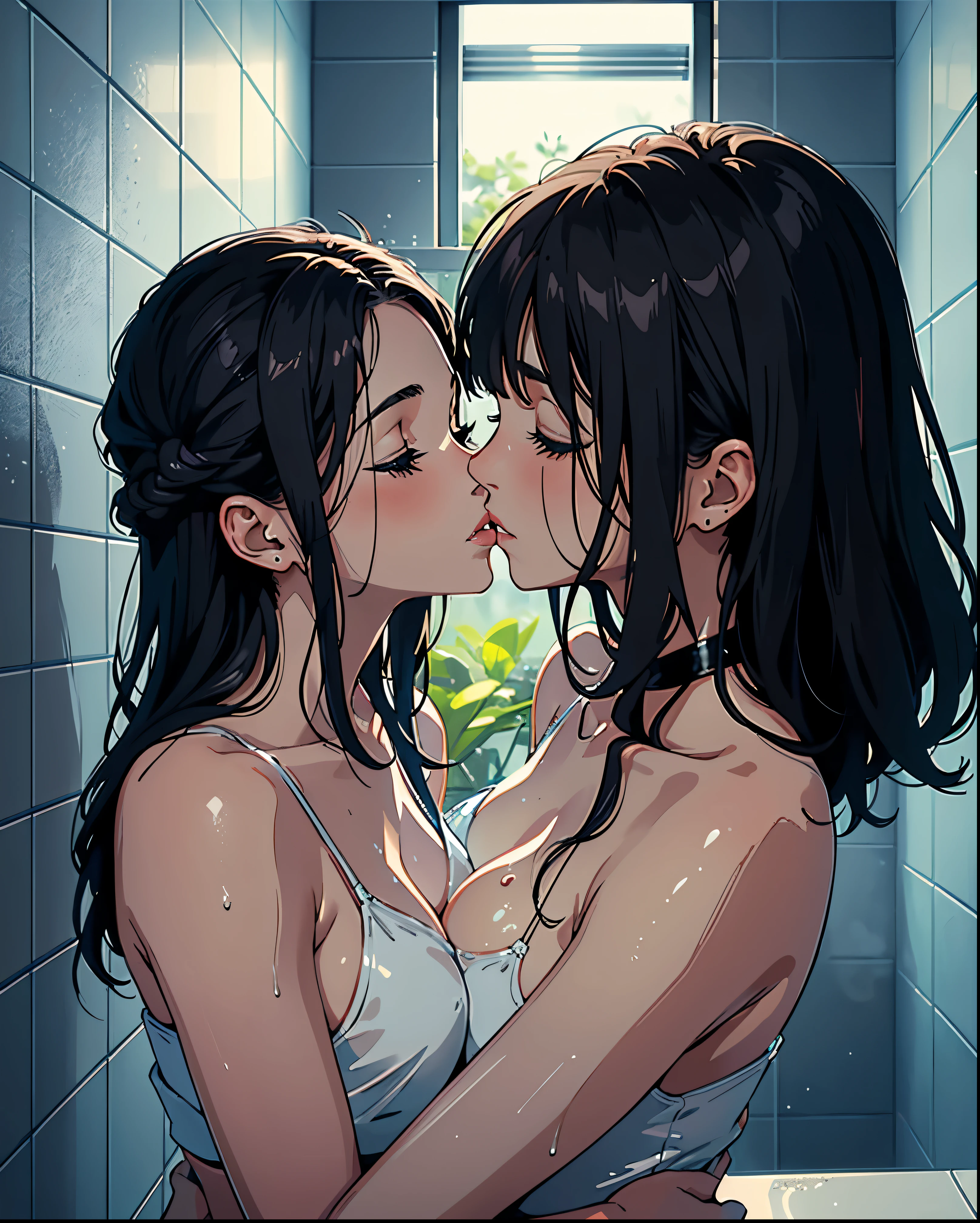 Two stunningly beautiful women, kissing each other impassionedly, Lips touching close up, Hugging Tightly, out, lesbians, in a small bathroom, Under the shower, Wet, Soaked, Lustful, impassioned, dripping Wet