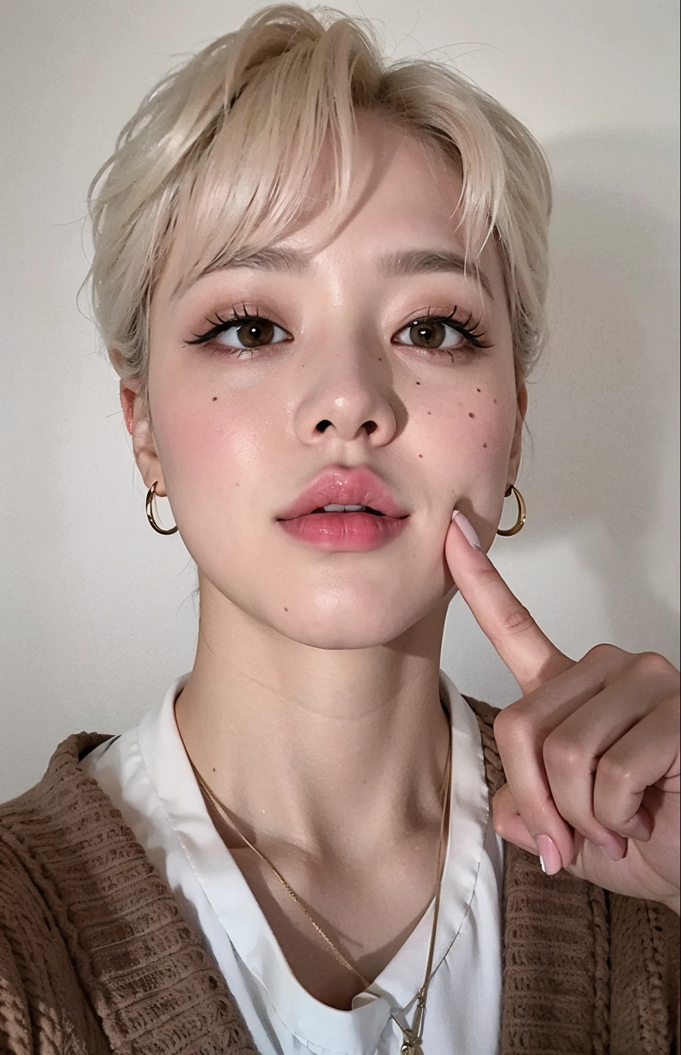 Image of a woman with a finger on her lips, Jimin\Plump lips, Jimin\'s right eyelid swollen, Rosto Jimin preciso, Jimin\nariz grego, Parque Jimin, Jimin, androgynous face, com cabelos curtos, tomboy cabelo platinado curto, androgynous person, Hyung Tae, Retrato de Jossi do Blackpink