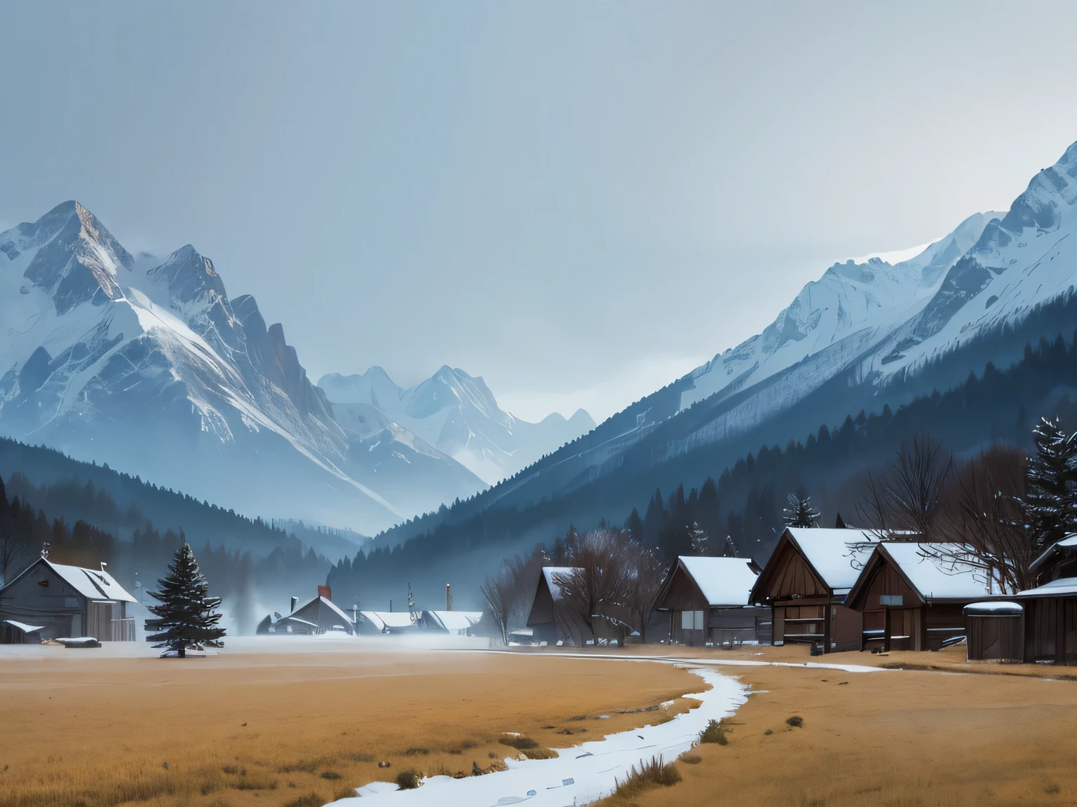 village in the field, woods, mountains, winter, ominous vibe, NOhumans, jour, mist