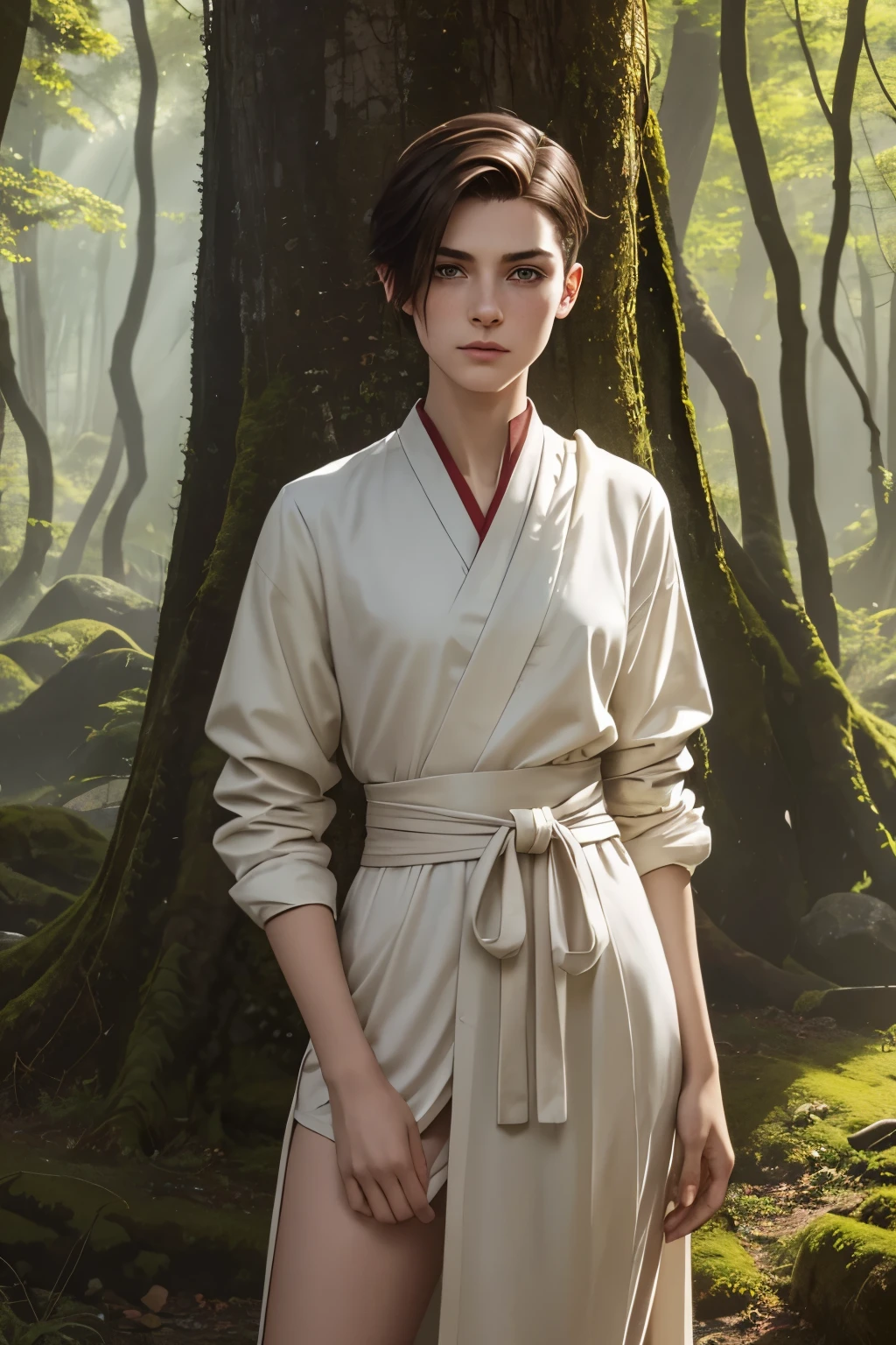 A young androgynous woman with a undercut in a fantasy setting. Happy. Kind. Friendly. Tomboyish. Very pale skin with freckles and liverspots. Very short dark-brown hair with a undercut haircut. Sides shaved. A round soft face and chin. Very thin and barely visible eyebrows. Darkbrown eyecolour. Upturned eyes. Long and wide nose. Curved lips. Long neck. Small chest. Slim. Wide hips. Long thick legs. Wearing a monks habit. Background: A beautiful colourful landscape. Sun is shining. A forest.