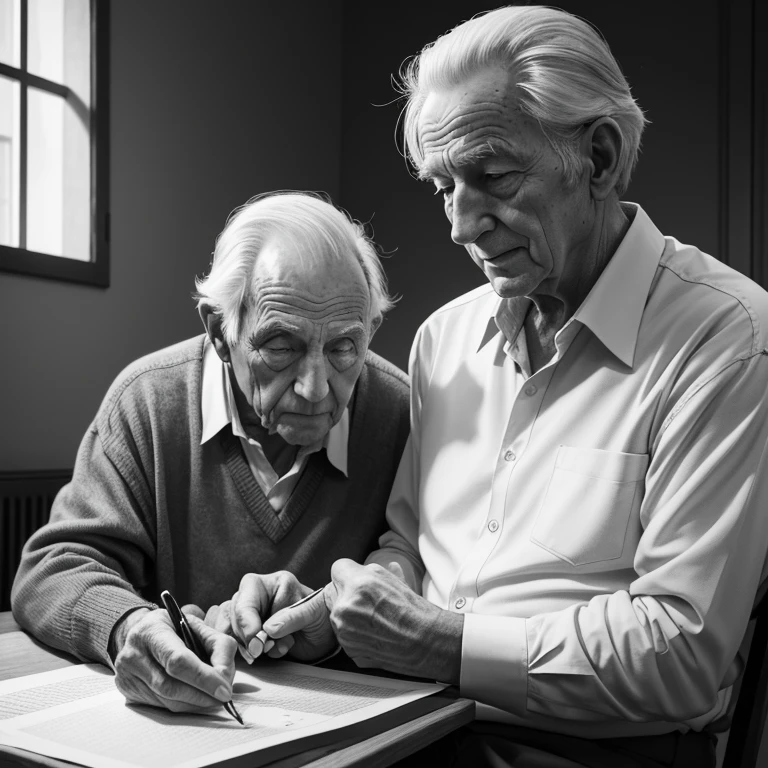 A man helping an old man, pencil stroke. Black and white colour,hd, beautiful.