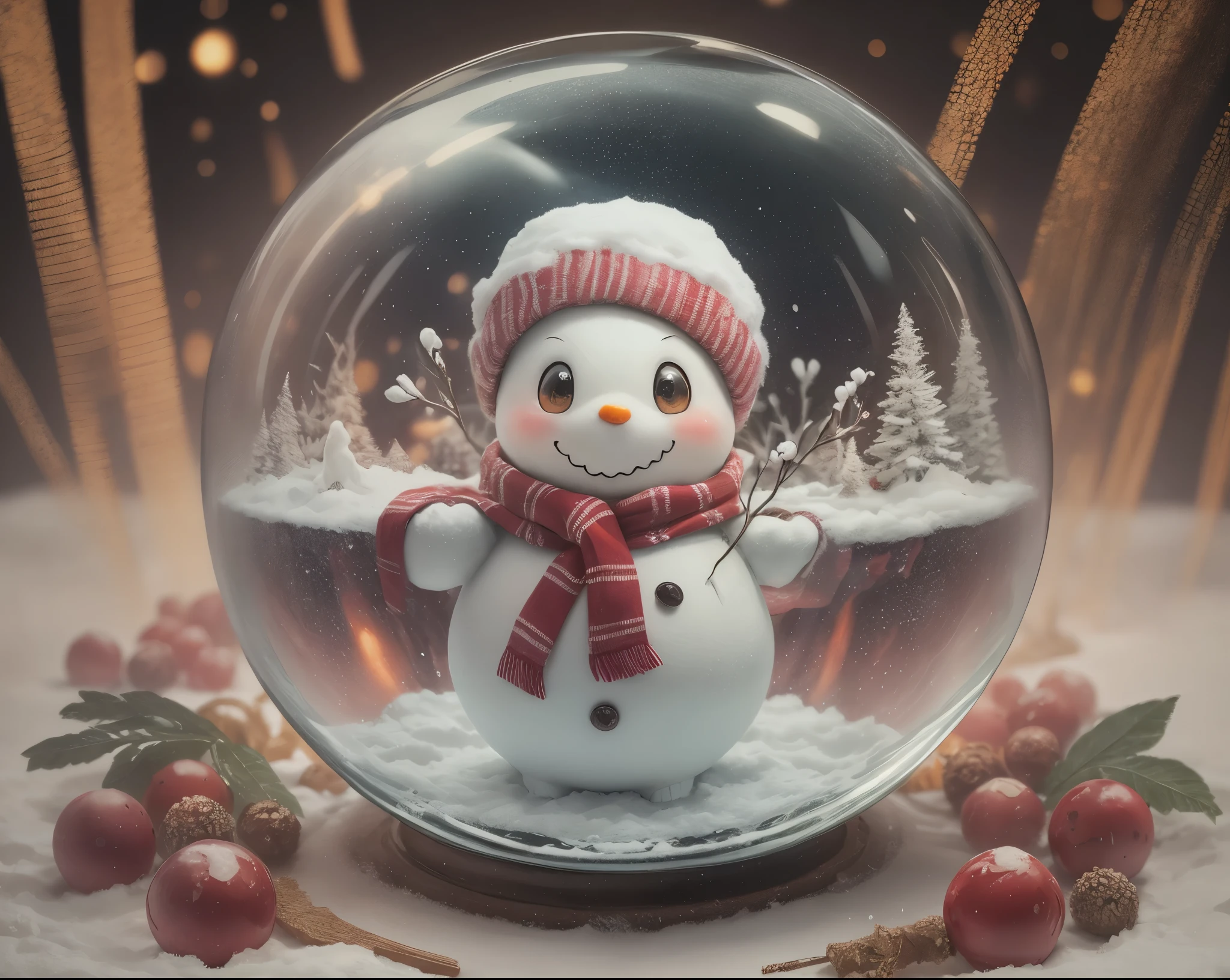 inside a glittery glass globe, a happy snowman wearing winter clothing, joyful, surrounded by snowfalls, winter magic, colorful Christmas environment as backdrop, intense focus --auto --s2