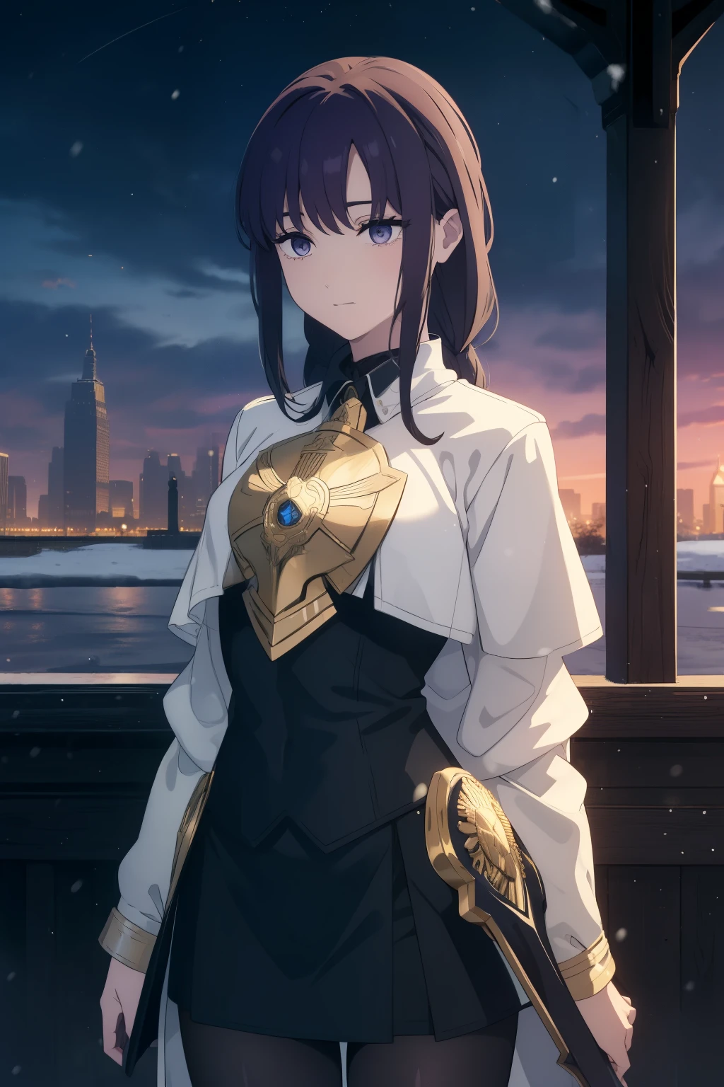 (((Obra maestra, La mejor calidad, ultrahigh resolution))), ((a girl in a suit of golden armor, standing confidently, sheathed sword on hip)), ((soldier, clad in golden steel armor, golden plate armor)), ((backlength black hair, dark black hair)), long hair cut, pale skin, ((brown eyes)), glowing_eyes, neon eyes, (ultra detailed eyes:0.7, beautiful and detailed face, detailed eyes:0.9), ((centered)), ((wide shot)), facing viewer, eye level, ((vibrant background, snowy landscape, cityscape, snowing, snow)), flat chested, looking at viewer, ((half closed eyes)), ((perfect hands)), ((hands behind back)), empty eyes, beautiful lighting, outside, outdoors, background, defined subject, 25 years old, (((subject perfectly in view)))