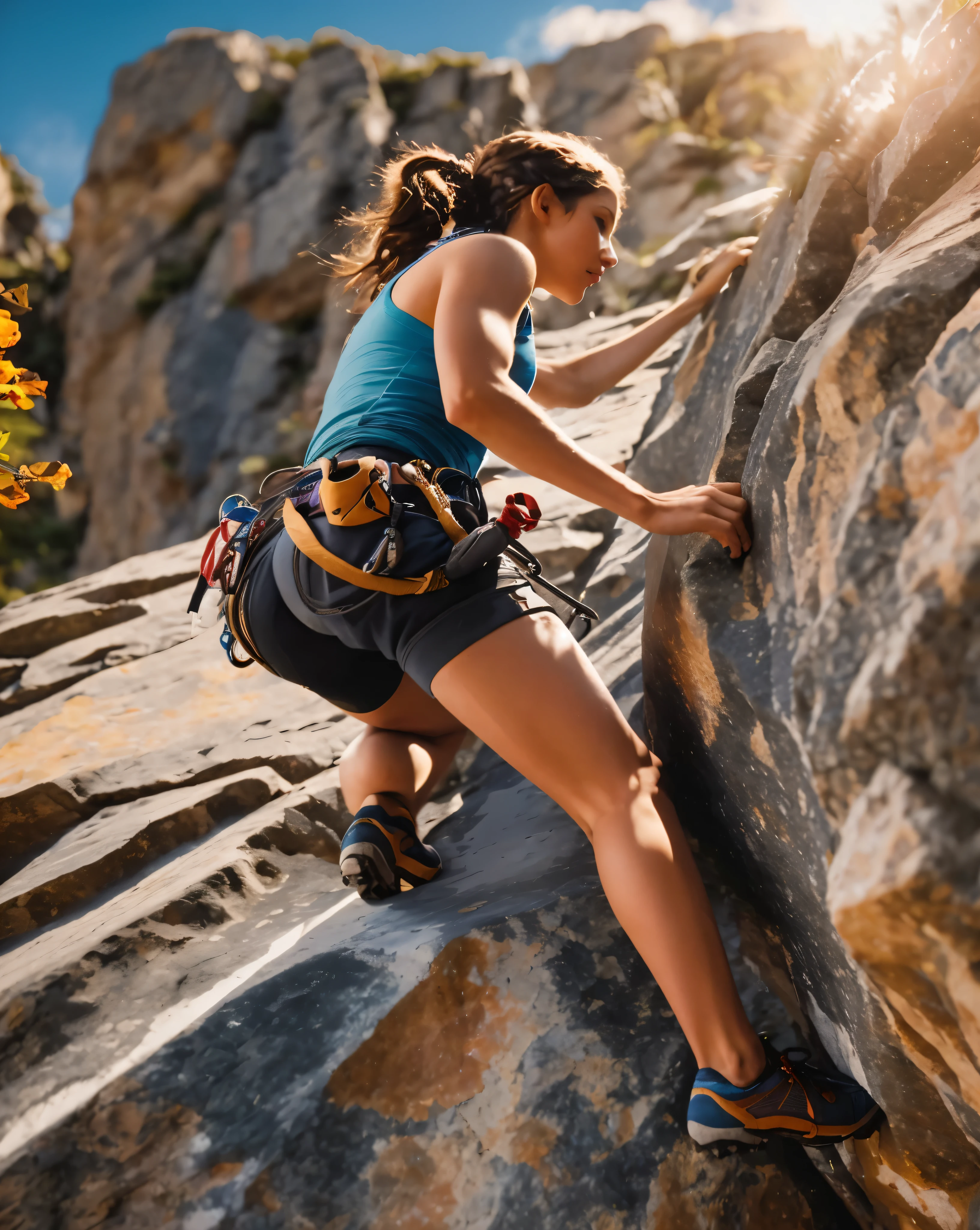 woman climbing up a rock face to face with the sun, rock climbing, rock climber, climber, katniss everdeen rock climbing, climbing mountain in washington, climbing, rock climbers climbing a rock, climbing up a cliffside, motivational, rock wall, belaying, adventurous, 1/30, cover shot, inspiring, sculpted, karolina cummings