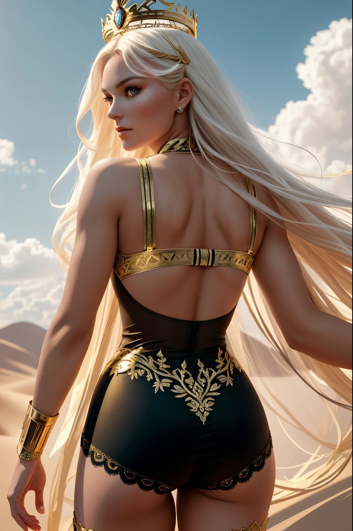 (Best Quality, 8K, Masterpiece, Ultra HD: 1.3, Ultra quality cinematic lighting, Huge detail, Well lit, 35mm, sharp, hyper realistic, epic scale, insane level of details, beautiful detailed girl, very detailed eyes and face, beautiful detailed eyes, ultra detailed skin, realistic skin), ({desert dunes|clouds}), Lindsey Vonn as a MYTHOLOGICAL DIVA in a golden crown, hair floating into the sky, stands with his back, camera films from behind, athletic, smoothly defined musculature, full body perspective, (pink matte bra and pink matte high waisted panties with gold complex intricate pattern), (white matte detailed tights with complex intricate pattern and lace)