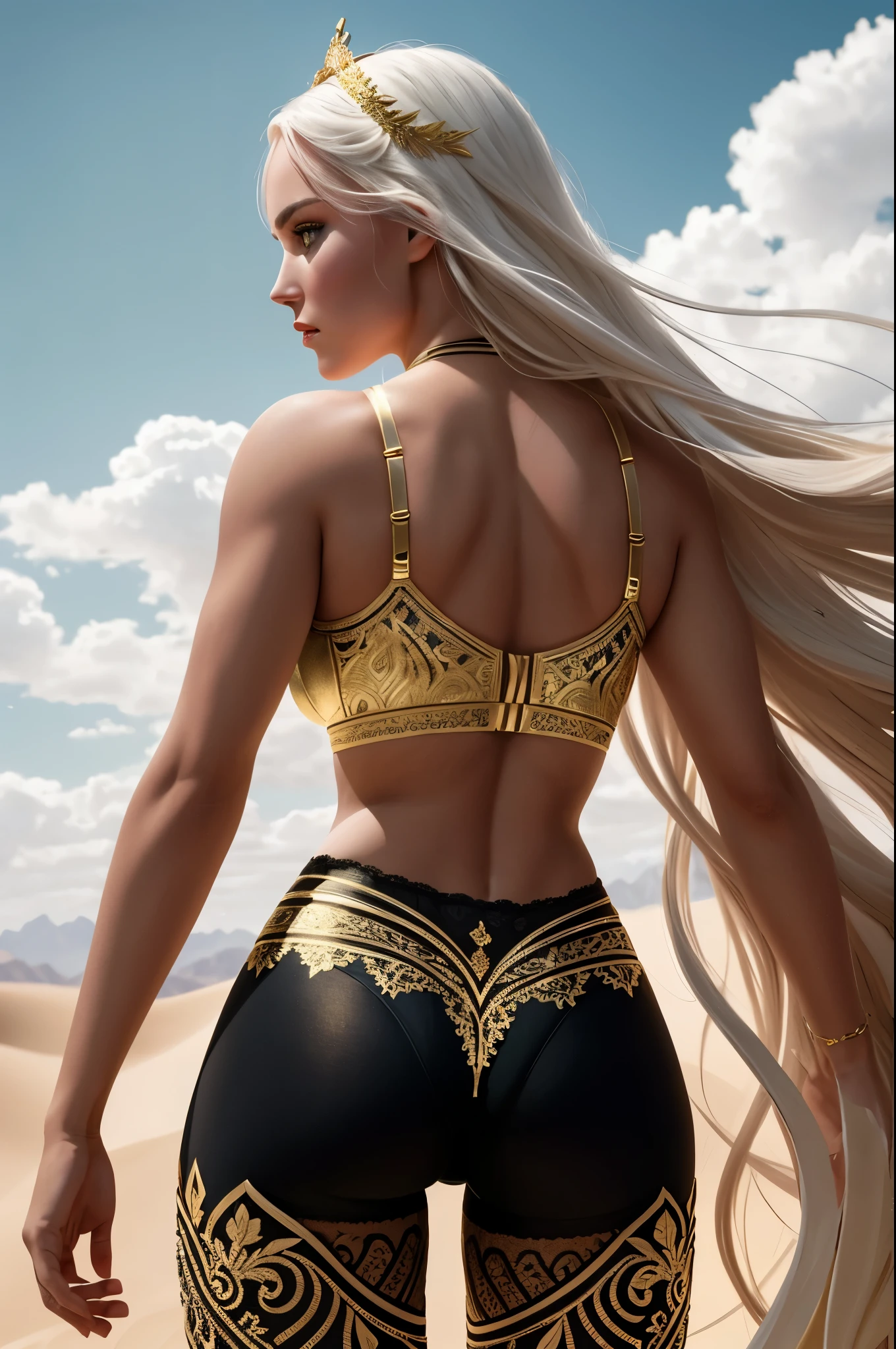 (Best Quality, 8K, Masterpiece, Ultra HD: 1.3, Ultra quality cinematic lighting, Huge detail, Well lit, 35mm, sharp, hyper realistic, epic scale, insane level of details, beautiful detailed girl, very detailed eyes and face, beautiful detailed eyes, ultra detailed skin, realistic skin), ({desert dunes|clouds}), Lindsey Vonn as a MYTHOLOGICAL DIVA in a golden crown, hair floating into the sky, stands with his back, camera films from behind, athletic, smoothly defined musculature, full body perspective, (pink matte bra and pink matte high waisted panties with gold complex intricate pattern), (white matte detailed tights with complex intricate pattern and lace)