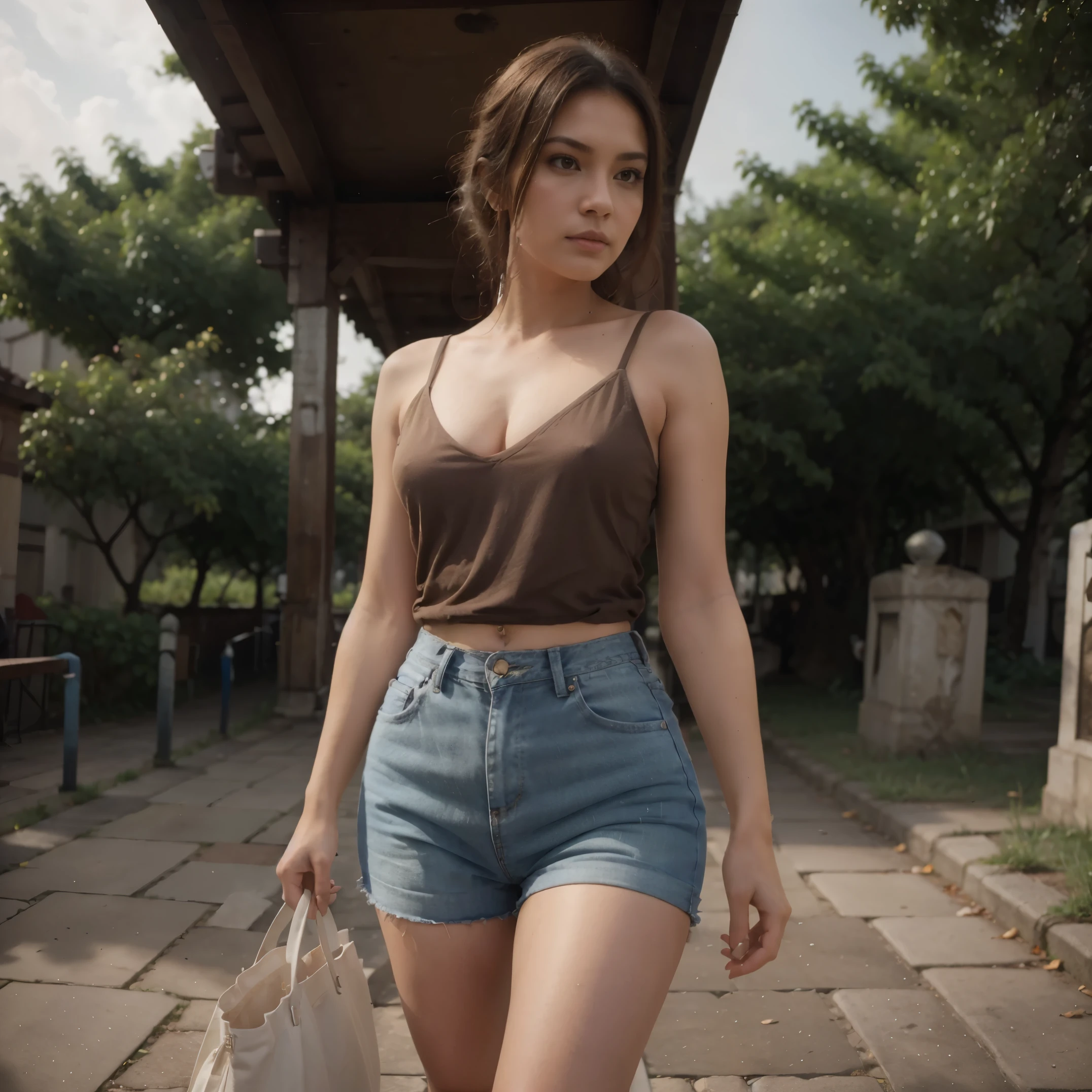 Me walking to wedding hall,with yellowish orange colour top with denim,with brownish high-end quality bag in hand , highly detailed, HDR 8k, natural colours gathering