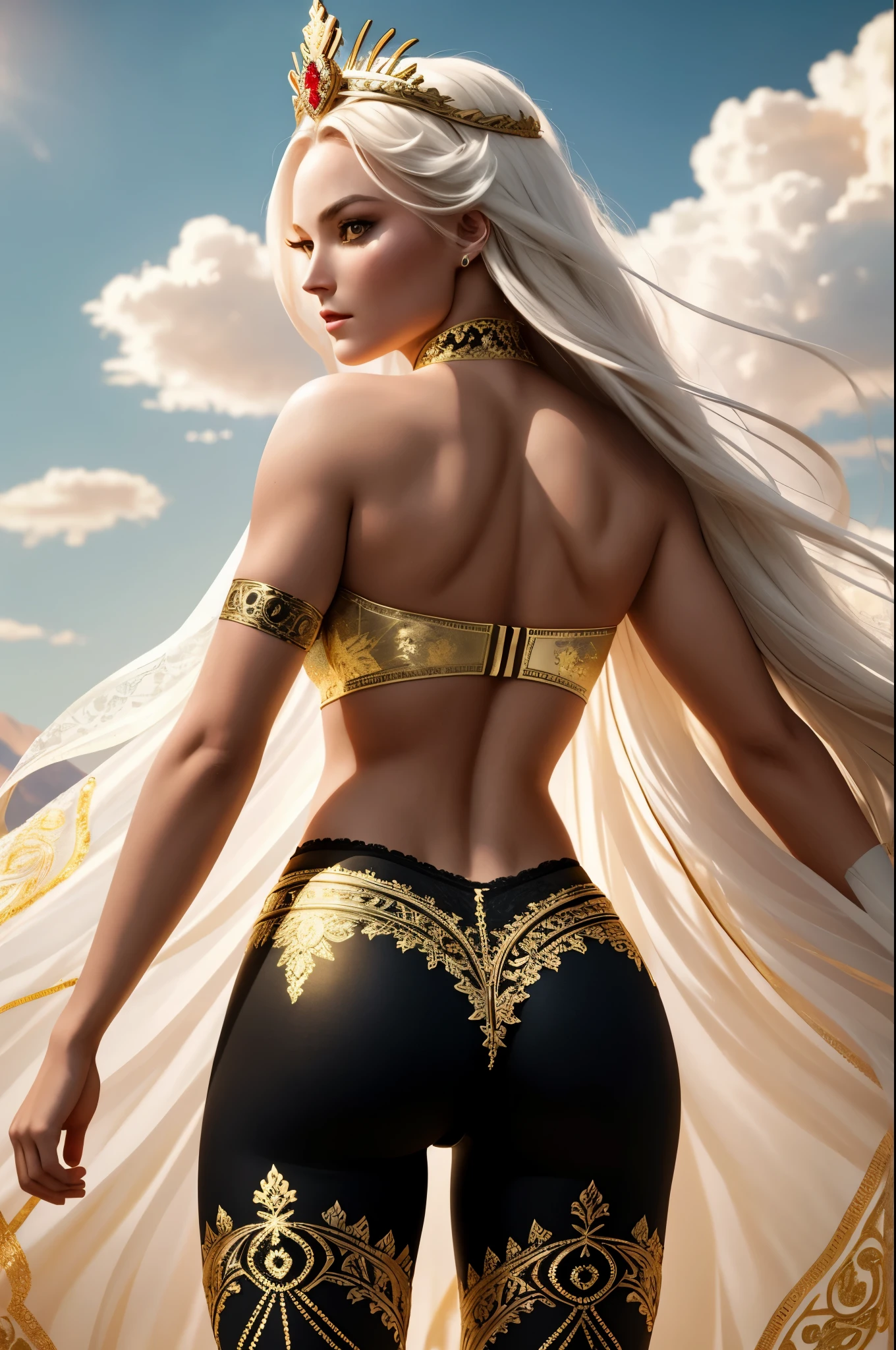 (Best Quality, 8K, Masterpiece, Ultra HD: 1.3, Ultra quality cinematic lighting, Huge detail, Well lit, 35mm, sharp, hyper realistic, epic scale, insane level of details, beautiful detailed girl, very detailed eyes and face, beautiful detailed eyes, ultra detailed skin, realistic skin), ({desert dunes|clouds}), Lindsey Vonn as a MYTHOLOGICAL DIVA in a golden crown, hair floating into the sky, stands with his back, camera films from behind, athletic, smoothly defined musculature, full body perspective, (pink matte bra and pink matte high waisted panties with gold complex intricate pattern), (white matte detailed tights with complex intricate pattern and lace)
