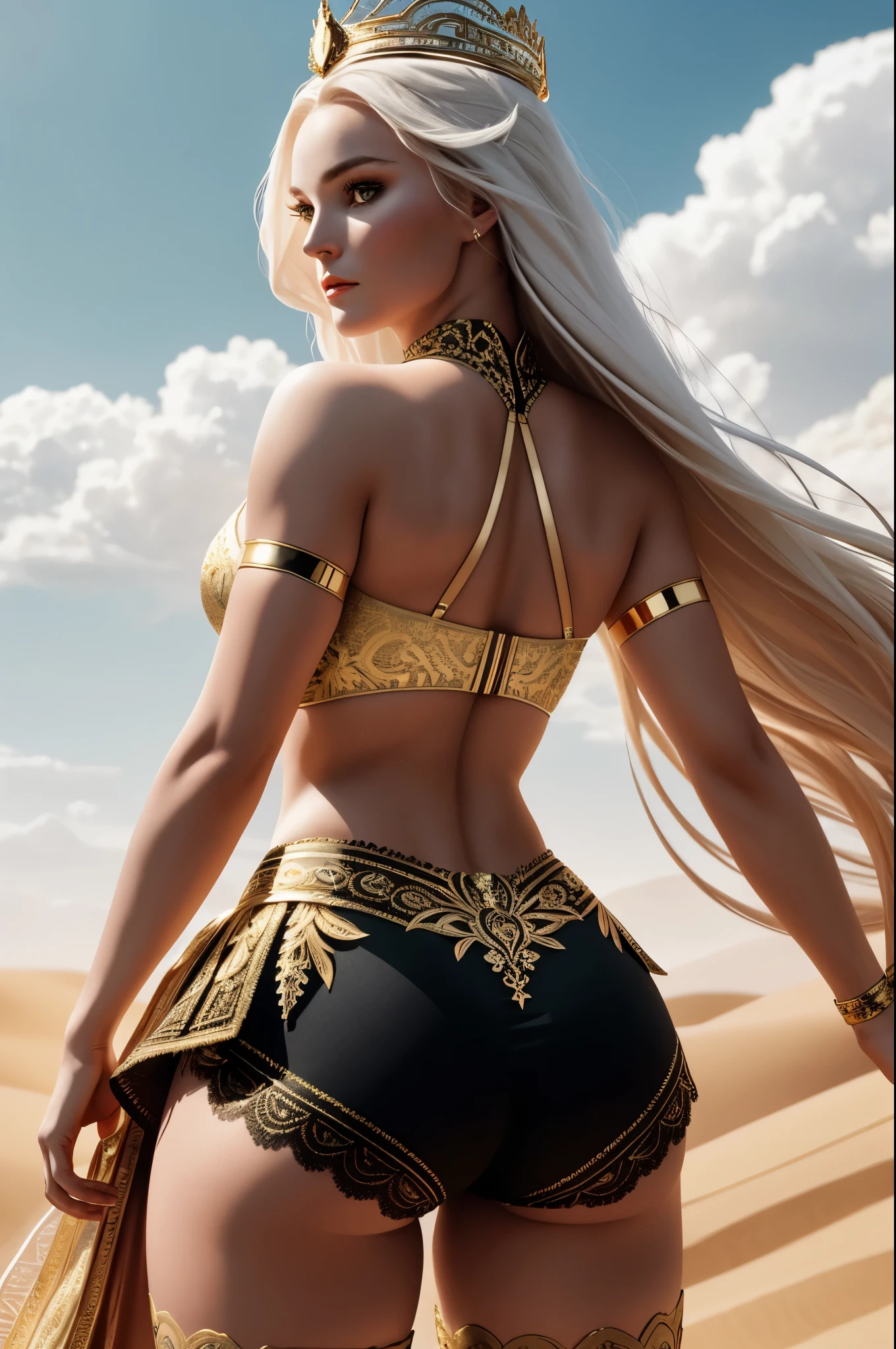 (Best Quality, 8K, Masterpiece, Ultra HD: 1.3, Ultra quality cinematic lighting, Huge detail, Well lit, 35mm, sharp, hyper realistic, epic scale, insane level of details, beautiful detailed girl, very detailed eyes and face, beautiful detailed eyes, ultra detailed skin, realistic skin), ({desert dunes|clouds}), Lindsey Vonn as a MYTHOLOGICAL DIVA in a golden crown, hair floating into the sky, stands with his back, camera films from behind, athletic, smoothly defined musculature, full body perspective, (pink matte bra and pink matte high waisted panties with gold complex intricate pattern), (white matte detailed tights with complex intricate pattern and lace)