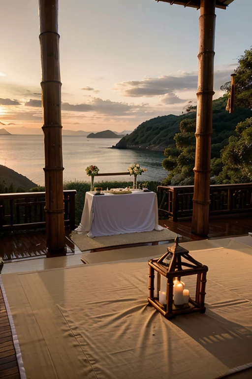 minimalist landscape with sunrise wedding altar in a bamboo