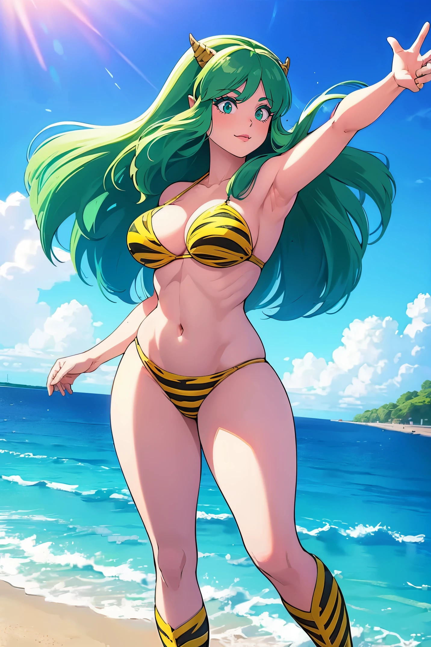In style of Argerm, (best quality,4k,8k,highres,masterpiece:1.2),ultra-detailed,(r:1.37), vibrant colors, lum, lighting, beach scenery, bikini model, standing tall and confident, full body emphasis, alluring curves, prominent and voluptuous breasts, captivating green hair flowing in the wind, thunderous aura surrounding her, sharp, majestic horns protruding from her head.