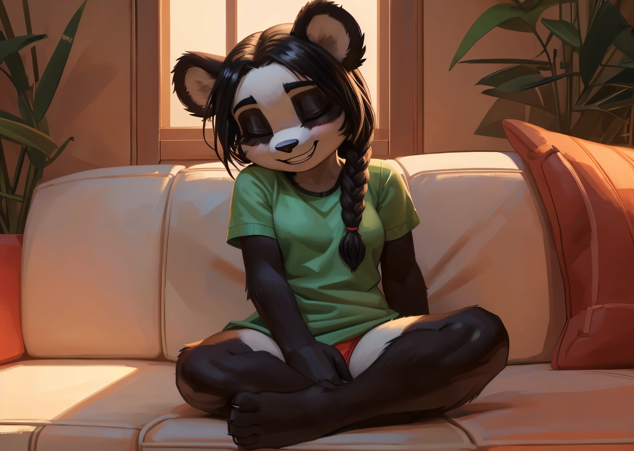 [Yaya Panda], [Uploaded to e621.net; (Pixelsketcher), (wamudraws)], ((masterpiece)), ((HD)), ((highres)), ((solo portrait)), ((full body)), ((front view)), ((feet visible)), ((furry; anthro)), ((detailed fur)), ((detailed shading)), ((beautiful render art)), ((intricate details)), {anthro panda; white fur, (black fur on arms), (black fur on legs), (white fur on belly), black nose, (both eyes closed), (short eyelashes), (black eyeshadow), (long black hair), (braided hair), (curvy hips), (beautiful legs), (beautiful feet), (blushing), (cute grin)}, {(green tee shirt), (red panties)}, {(sitting on couch), (crossed legs), (hand covering crotch), (hand over crotch), (sleeping)}, [background; (bamboo forest), (living room), (window), (blue sky), (sun rays), (ambient lighting)]