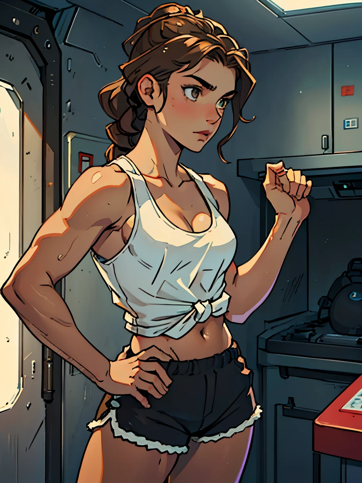 (Caucasian teenager), 18 years old, hazel eyes, (wavy brown hair), (hair tied back), medium hair, small breasts. She wears a white tank top, and black shorts, she wears cleavage, solo, (in futuristic room), (day)