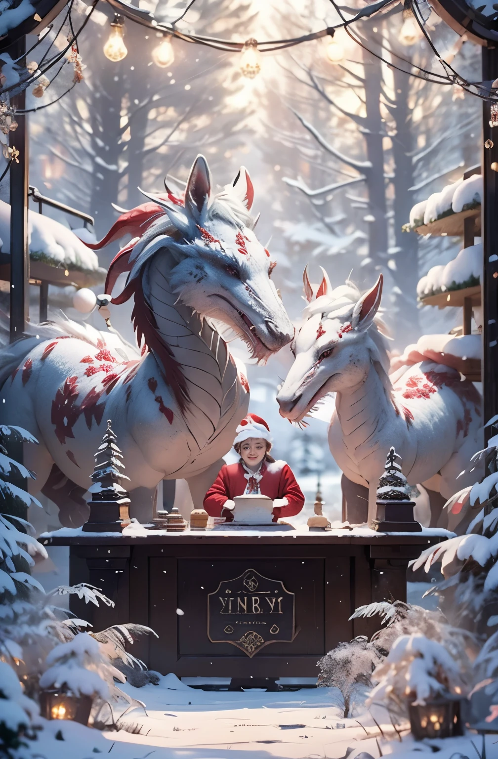 High detail. New Year card. Stylized to look like vintage paper postcards. A young, cute, cuddly baby dragon wearing a red Santa Claus hat stands behind a snowy counter. He is a salesman. Close-up. On the counter are cookies, lollipops in the form of horses. The scene in a frame of fir branches with cones. A banner "Happy New Year" on red velvet. Delicate dim shades, snowflakes, candlelight.