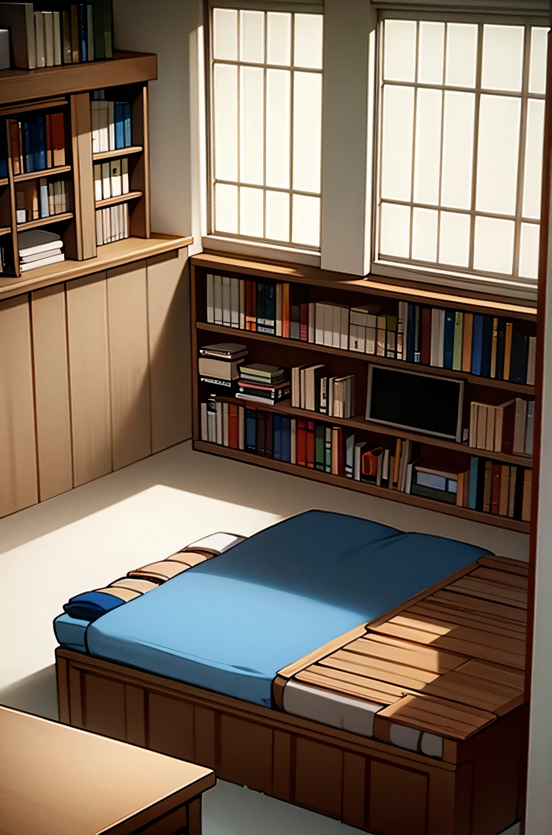 Background room with bookshelf, bed and TV