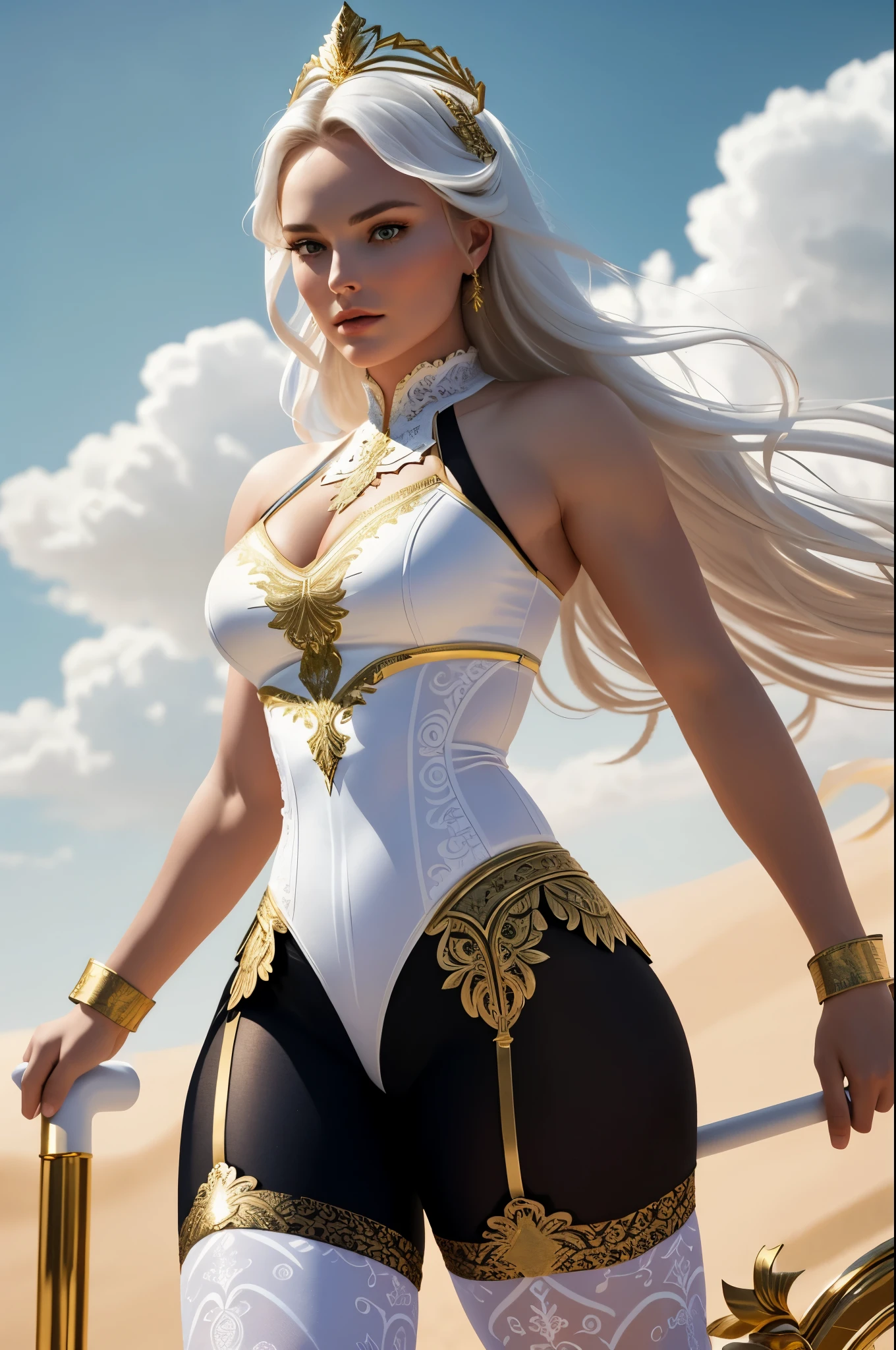 (Best Quality, 8K, Masterpiece, Ultra HD: 1.3, Ultra quality cinematic lighting, Huge detail, Well lit, 35mm, sharp, hyper realistic, epic scale, insane level of details, beautiful detailed girl, very detailed eyes and face, beautiful detailed eyes, ultra detailed skin, realistic skin), ({desert dunes|clouds}), Lindsey Vonn as a MYTHOLOGICAL DIVA in a golden crown, hair floating into the sky, stands with his back, camera films from behind, athletic, smoothly defined musculature, full body perspective, (pink matte bra and pink matte high waisted panties with gold complex intricate pattern), (white matte detailed tights with complex intricate pattern and lace)