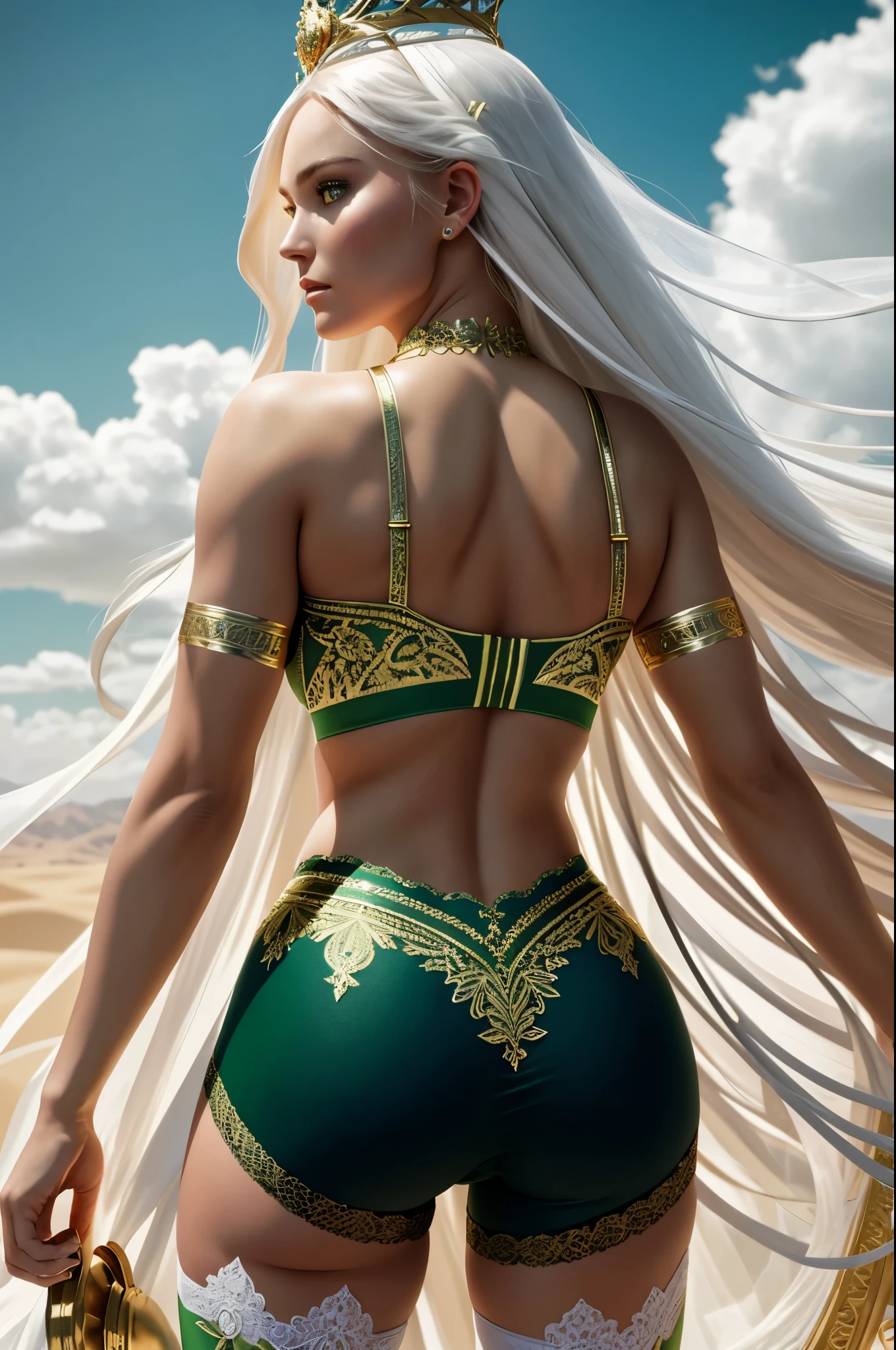 (Best Quality, 8K, Masterpiece, Ultra HD: 1.3, Ultra quality cinematic lighting, Huge detail, Well lit, 35mm, sharp, hyper realistic, epic scale, insane level of details, beautiful detailed girl, very detailed eyes and face, beautiful detailed eyes, ultra detailed skin, realistic skin), ({desert dunes|clouds}), Lindsey Vonn as a MYTHOLOGICAL DIVA in a golden crown, hair floating into the sky, stands with his back, camera films from behind, athletic, smoothly defined musculature, full body perspective, (pink matte bra and pink matte high waisted panties with gold complex intricate pattern), (white matte detailed tights with complex intricate pattern and lace)