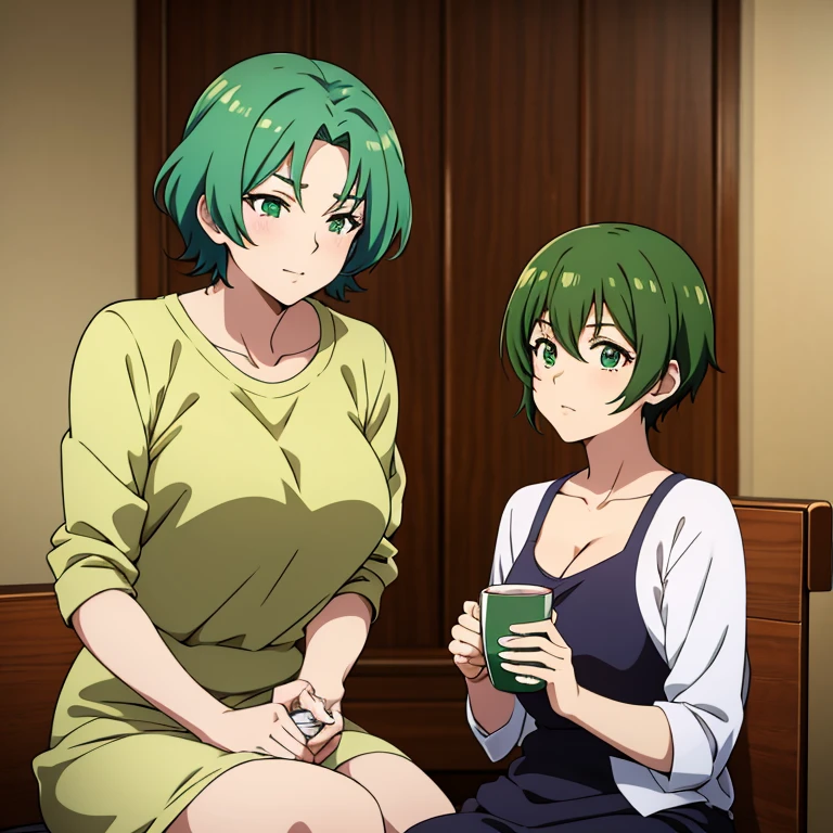 Anime style image of an anime milf with short green hair who is sitting in a room and near her is a cup of tea.