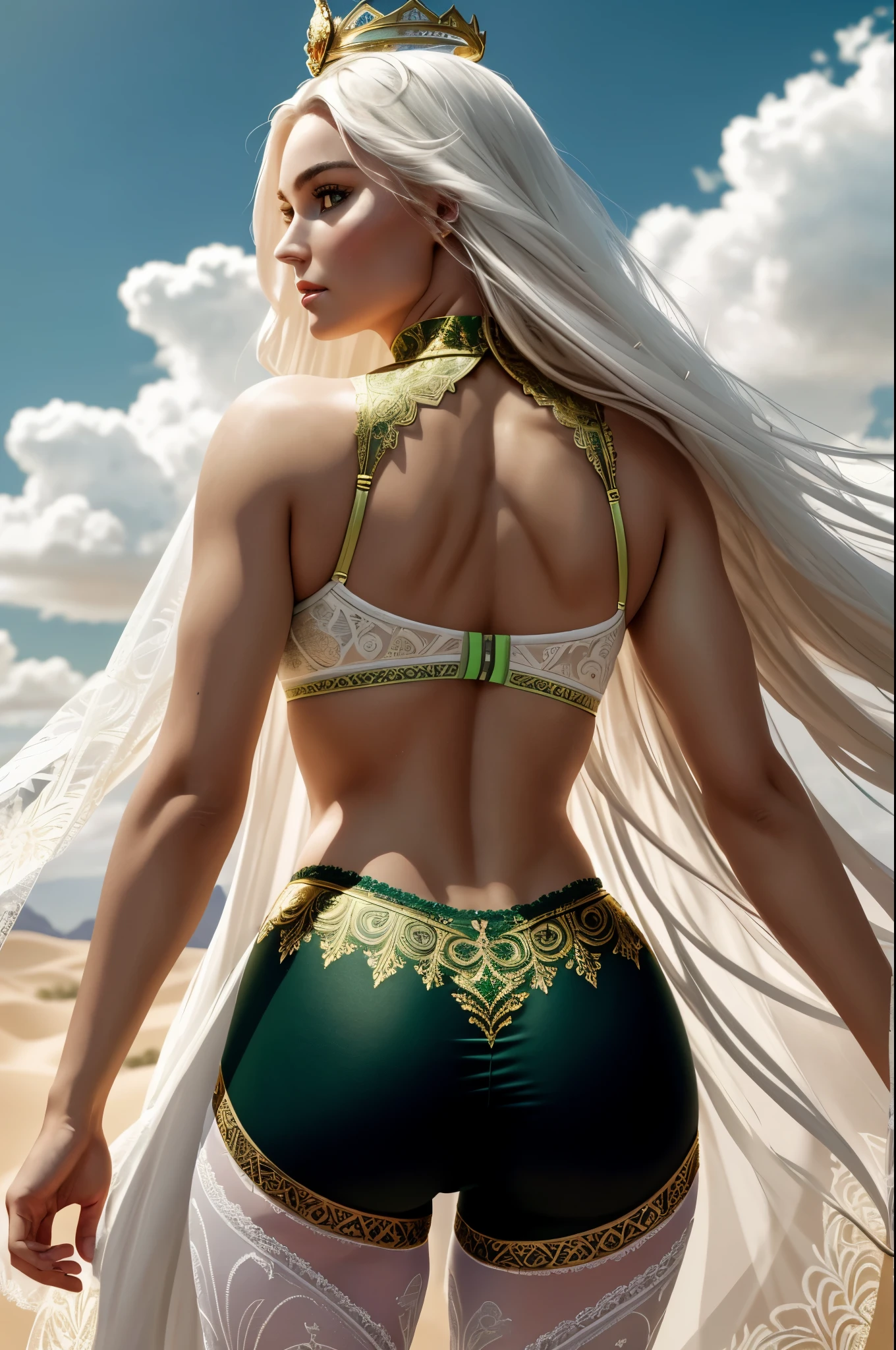 (Best Quality, 8K, Masterpiece, Ultra HD: 1.3, Ultra quality cinematic lighting, Huge detail, Well lit, 35mm, sharp, hyper realistic, epic scale, insane level of details, beautiful detailed girl, very detailed eyes and face, beautiful detailed eyes, ultra detailed skin, realistic skin), ({desert dunes|clouds}), Lindsey Vonn as a MYTHOLOGICAL DIVA in a golden crown, hair floating into the sky, stands with his back, camera films from behind, athletic, smoothly defined musculature, full body perspective, (pink matte bra and pink matte high waisted panties with gold complex intricate pattern), (white matte detailed tights with complex intricate pattern and lace)