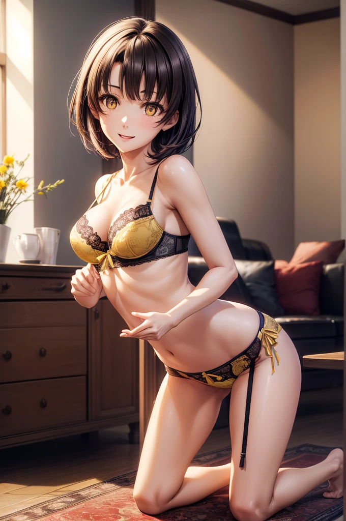 ((full body)), ((full pose)), ((medium breasts:1.4)), ((happy face:1.4)), ((kneeling:1.4)) ((looking back:1.4)), ((living room background:1.4)), megumi katou, brown hair, short hair, (yellow eyes:1.5), ((sexy black lingerie:1.4)), ((masterpiece:1.2), best quality, high resolution, unity 8k wallpaper, (illustration:0.8), (beautiful detailed eyes:1.6), ((extremely detailed face:1.6)), perfect lighting, extremely detailed CG, (perfect hands, perfect anatomy) ((night:1.5))